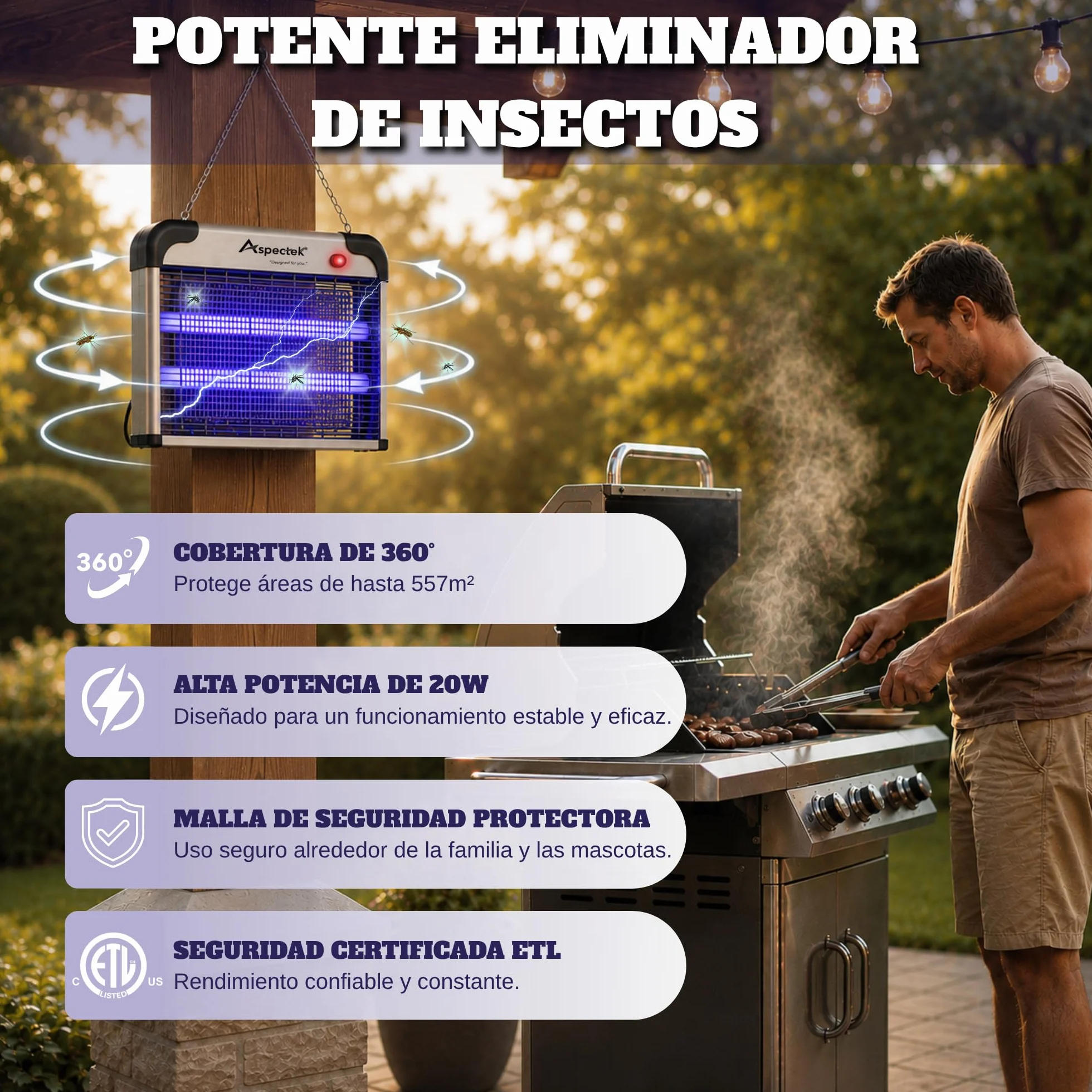 ASPECTEK Lámpara Antimosquitos Eléctrica 20W 2800V Mata Moscas Insectos Interior Trampa Mosquitos Incluye 2 Bombillas UV Repuesto