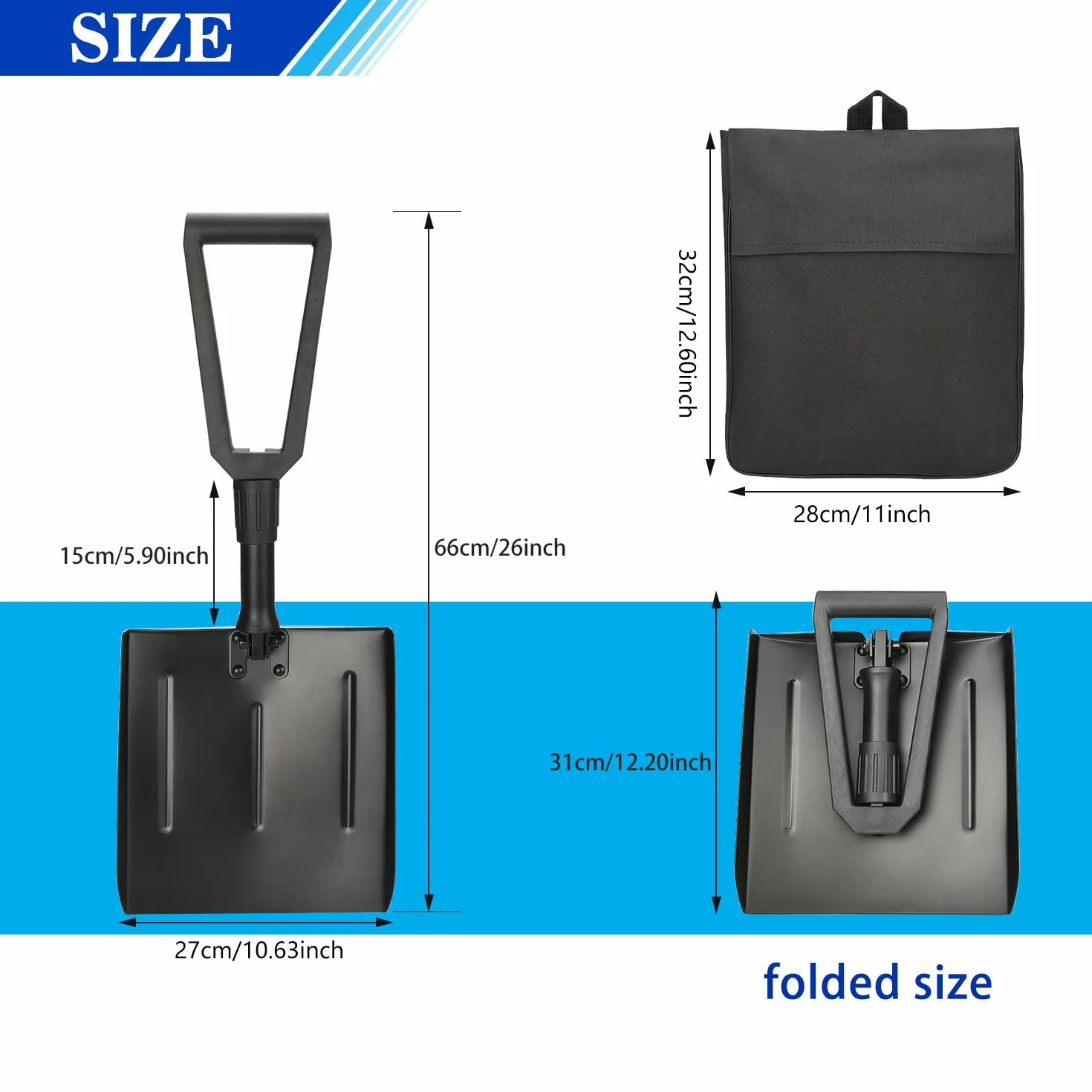 Pala de Nieve Plegable Invierno con Bolsa de Transporte, Mango Ajustable para Jardín Coche Camping