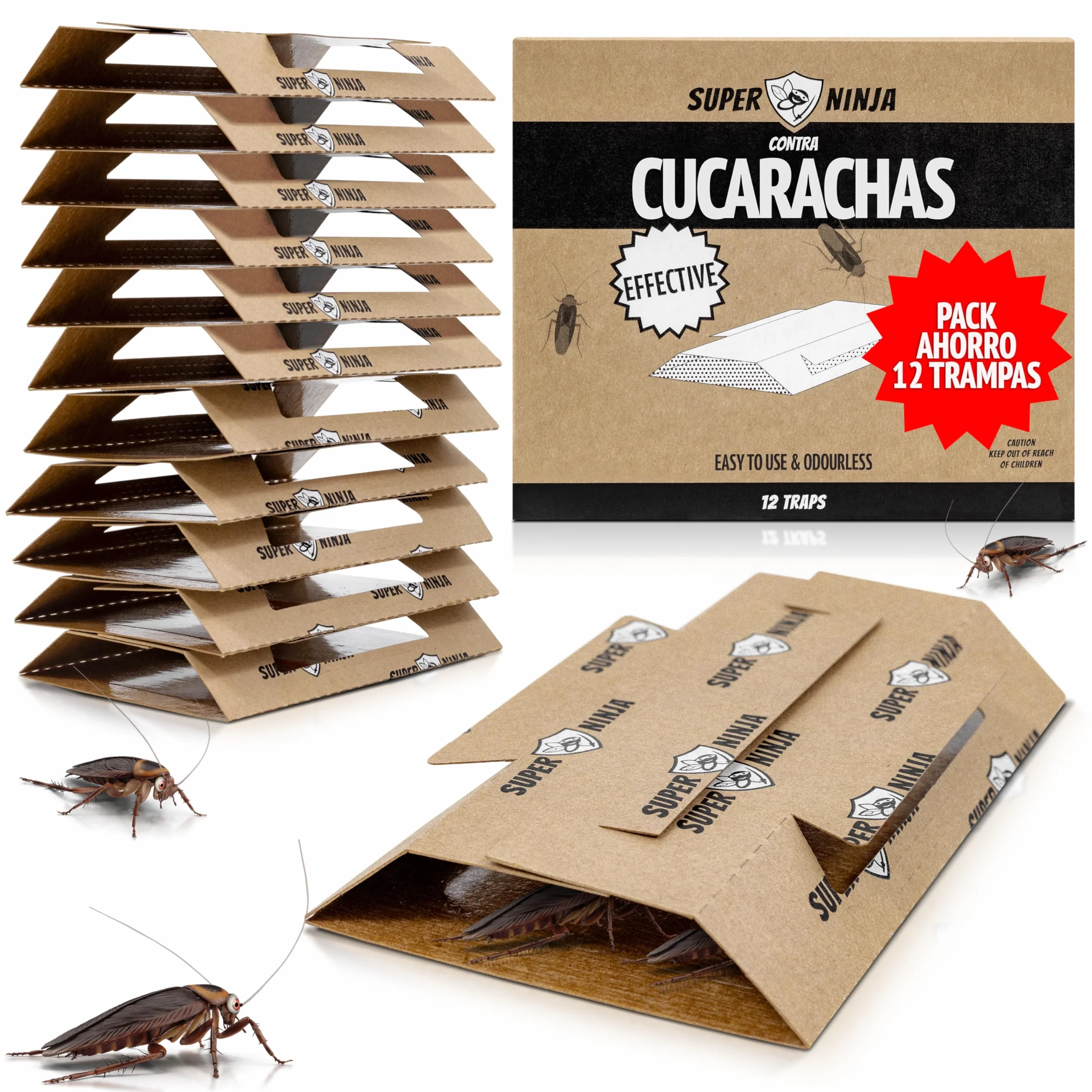 Trampas para Cucarachas Super Ninja – Pack 12 Unidades, Trampa Adhesiva con Atrayente Natural, Mata Cucarachas sin Tóxicos, Duración 3 Meses
