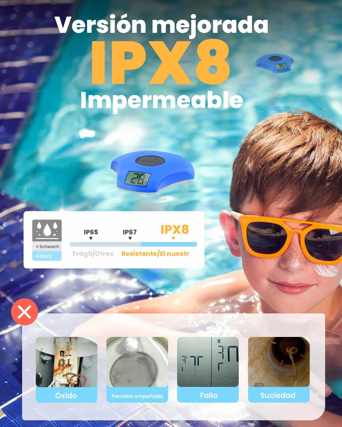 BALDR Termómetro Piscina Flotante Solar Pantalla Digital IPX8