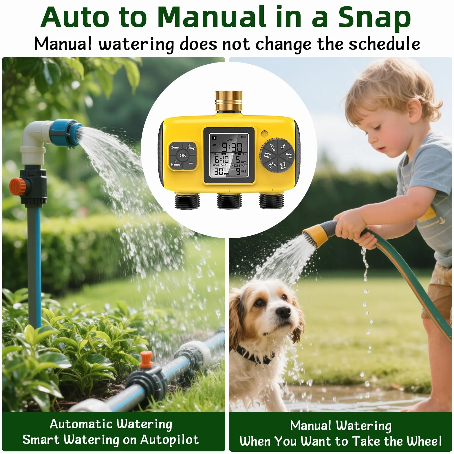 Programador de Riego Automático 3 Salidas IP65 Pantalla LCD Retardo de Lluvia