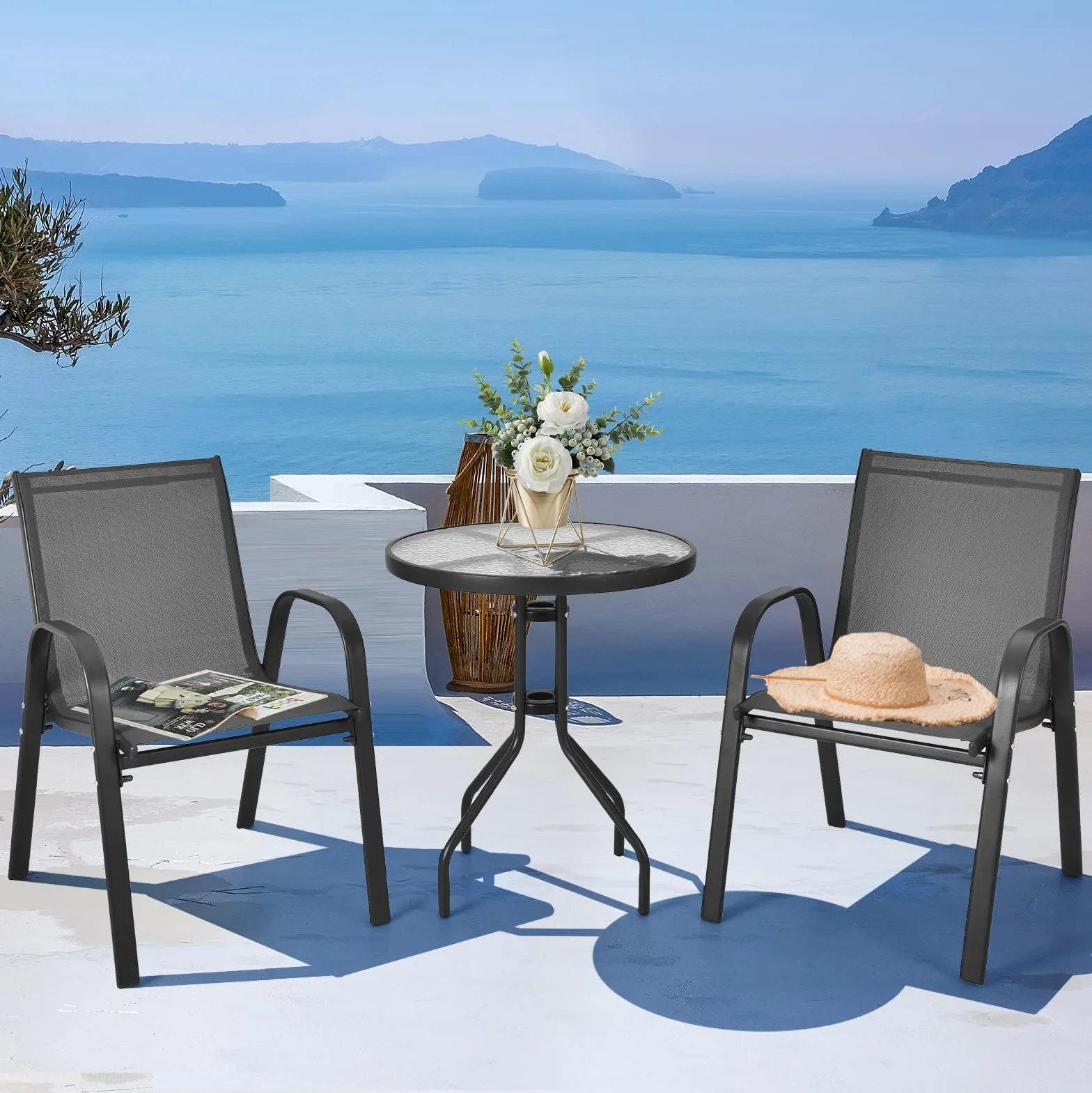 GIANTEX Conjunto de Muebles de Jardín 3 Piezas, Sillas Apilables, Marco de Metal, Mesa de Café con Tablero de Vidrio, Negro
