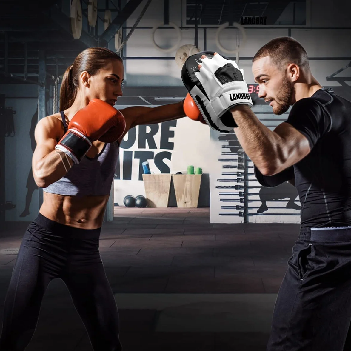LangRay Guantes de Boxeo Curvados PU Cuero para Entrenamiento Kickboxing MMA