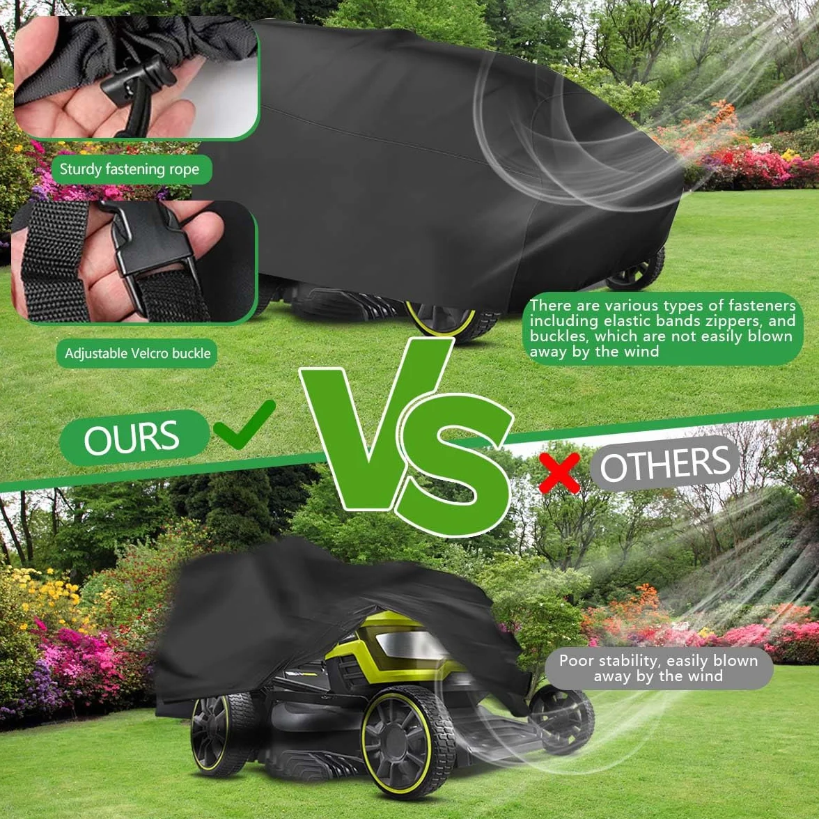 OBTANIM Funda impermeable para cortacésped de exterior, poliéster Oxford resistente al polvo, protección contra el polvo, cubierta para tractor de césped de hasta 54 pulgadas, con cordón y bolsa de