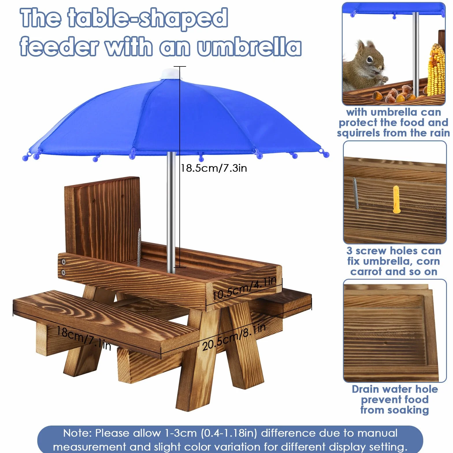 Comedero para ardillas mesa de picnic de madera con sombrilla y estante para maíz jardín patio