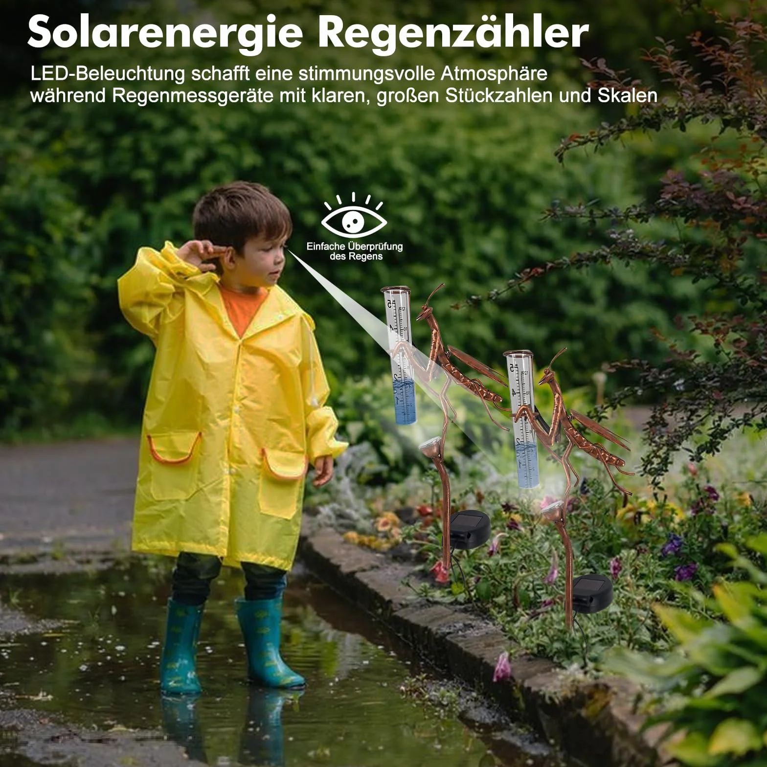 Pluviómetro solar de jardín con LED y estaca, vidrio resistente al congelamiento, medición precisa de precipitaciones