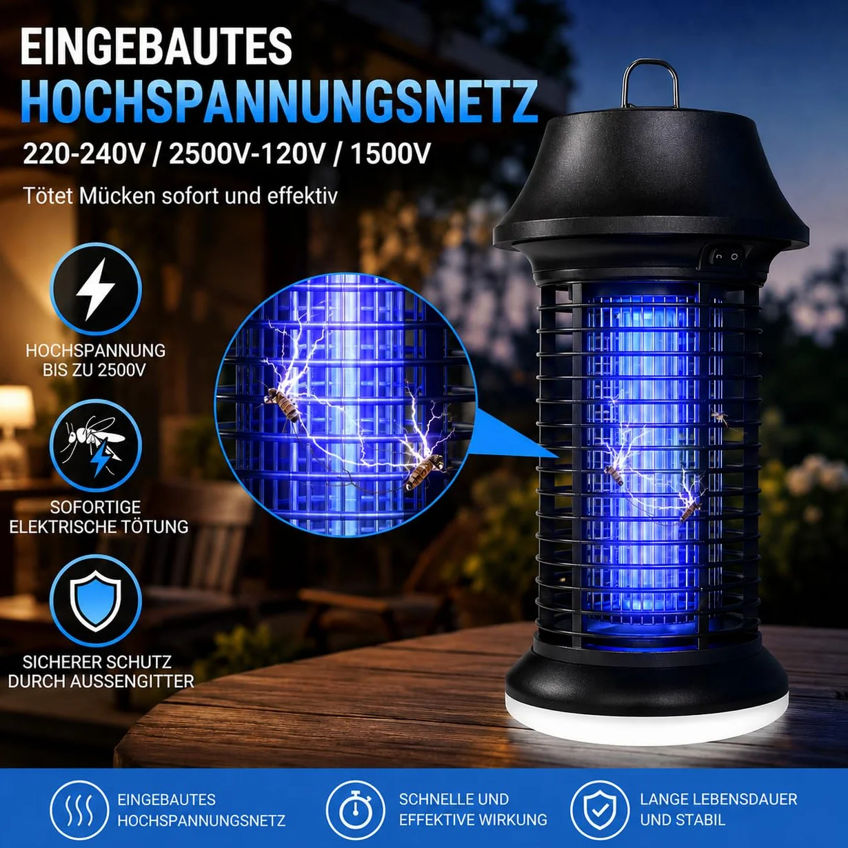 Insecticida eléctrico 2500 V, 15 W, UV, con luz LED, lámpara antimosquitos IPX4, resistente al agua, trampa contra mosquitos, moscas e insectos, para interior y exterior