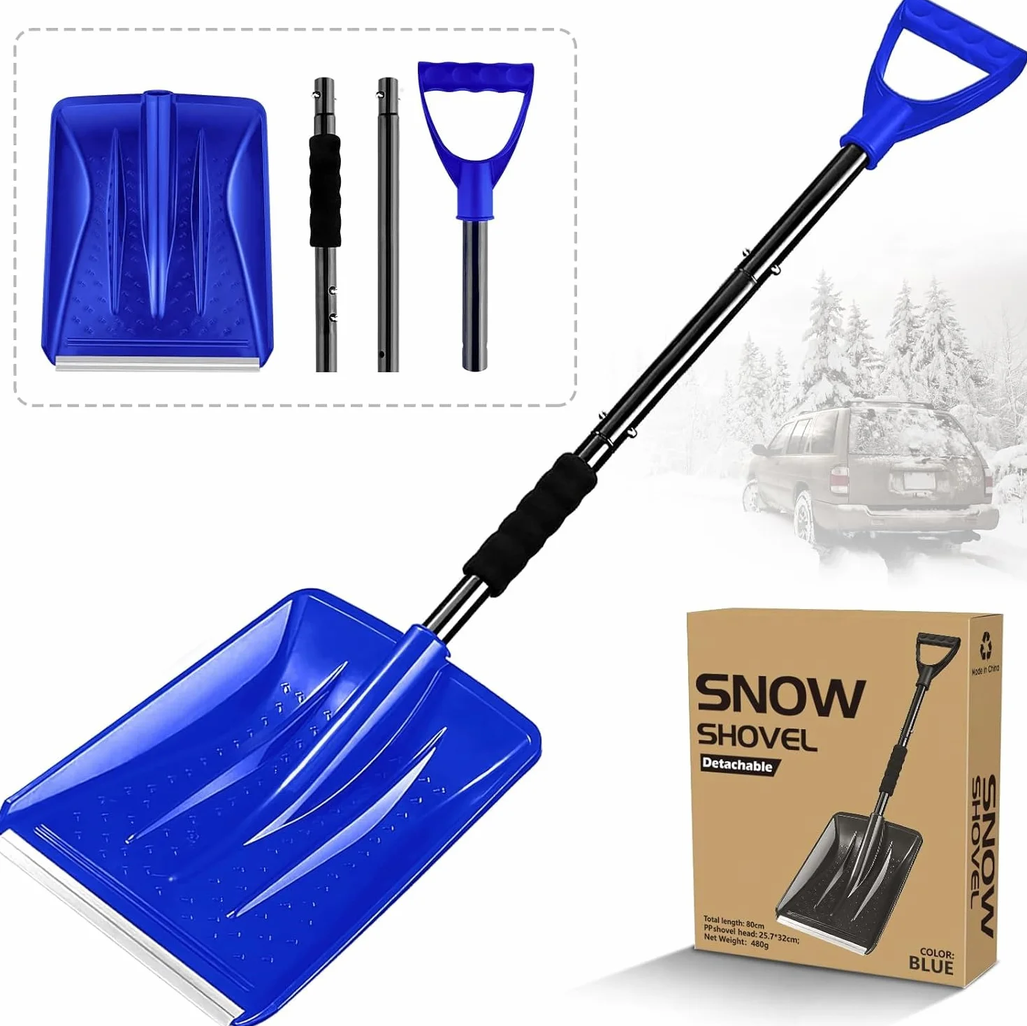 Pala Nieve, Carretilla Elevadora de Nieve de 108 cm, Diseño Desmontable de 4 Piezas, Pala de Nieve Ajustable Portátil Ligera, Gran Capacidad, Conducción de Automóviles (Azul)