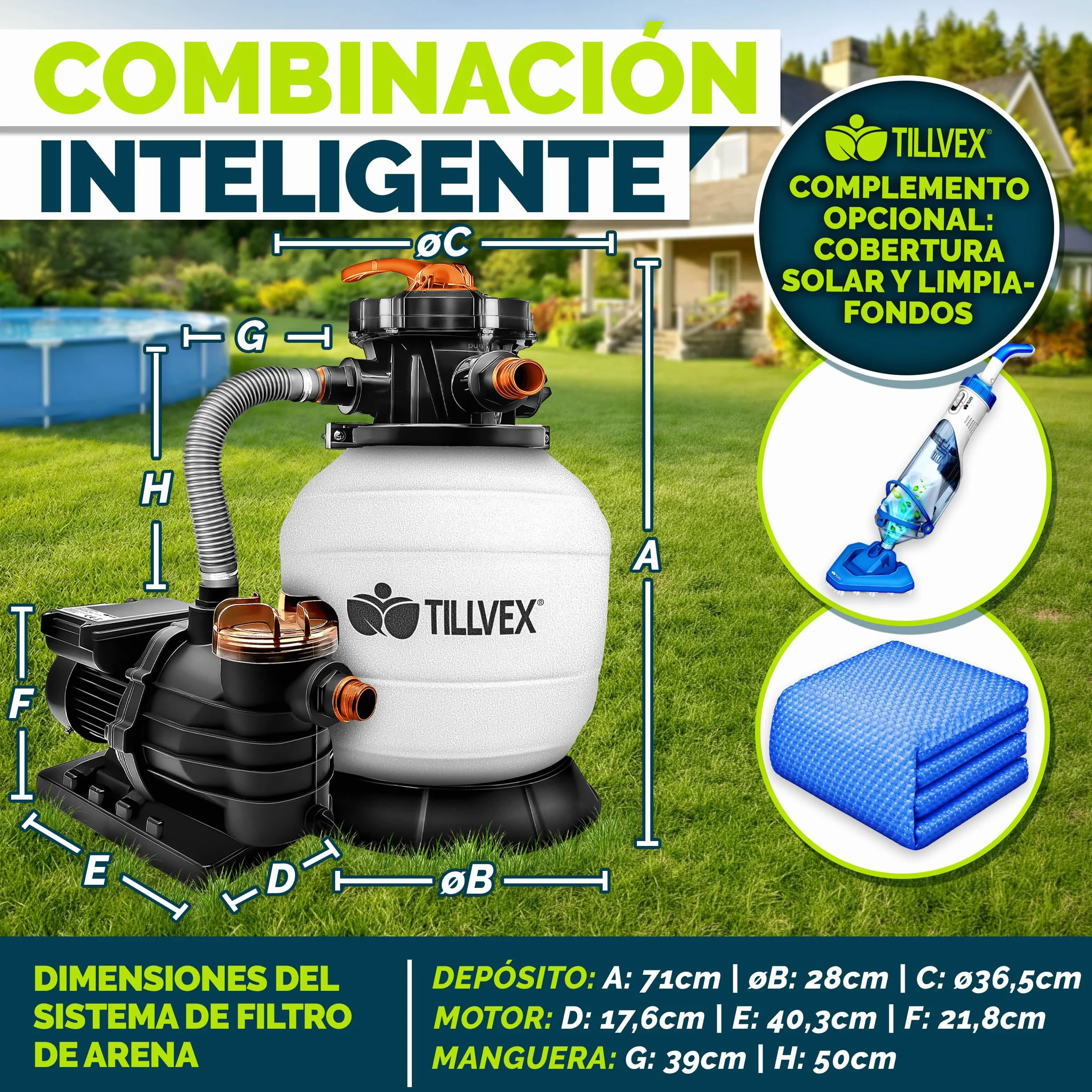 Tillvex Depuradora de Agua para Piscina 13.200L/h 40.000L Bomba de Filtro de Arena 7 Funciones Válvula