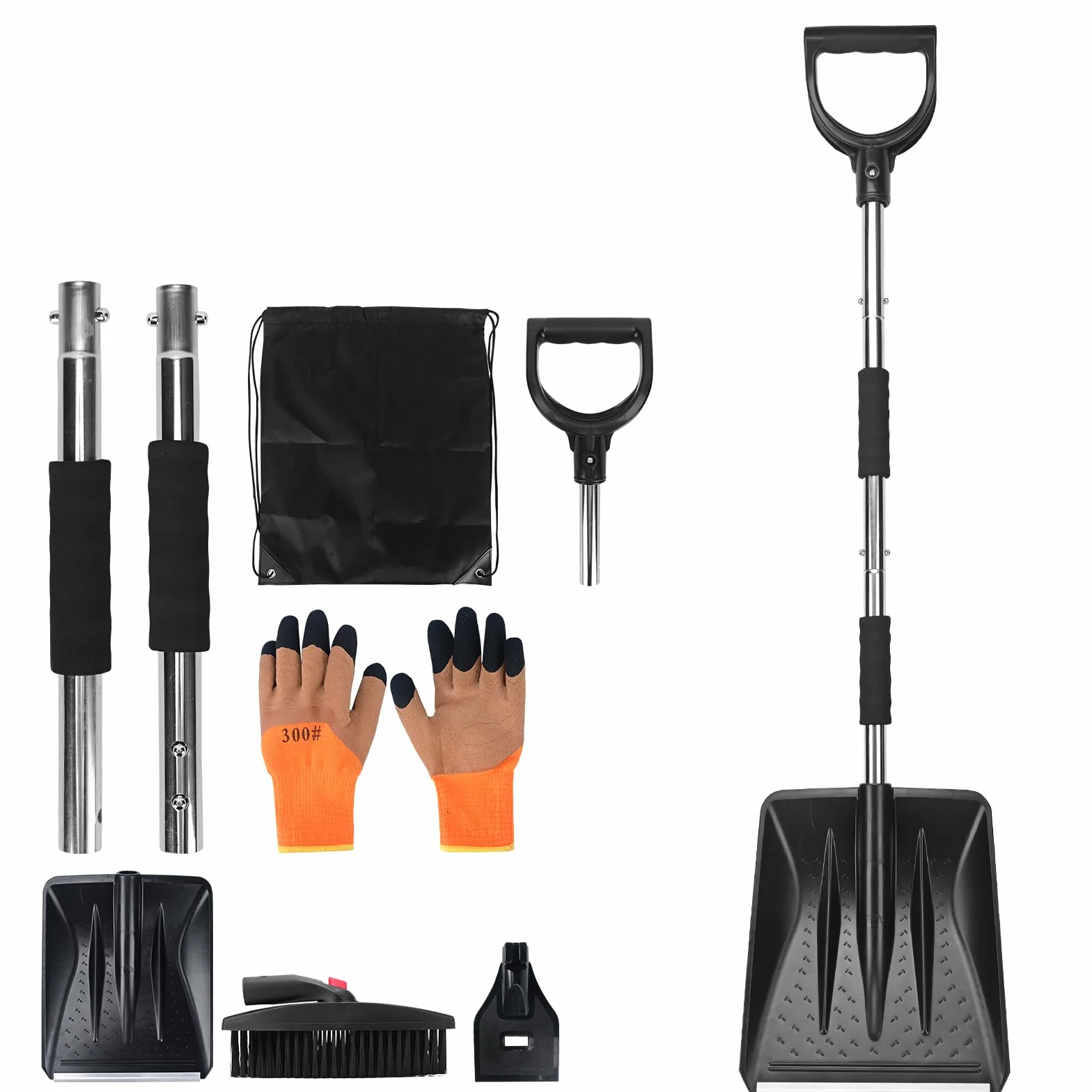 Kit de Pala de Nieve 3 en 1, Retráctil con Raspador de Hielo y Cepillo, Plateado