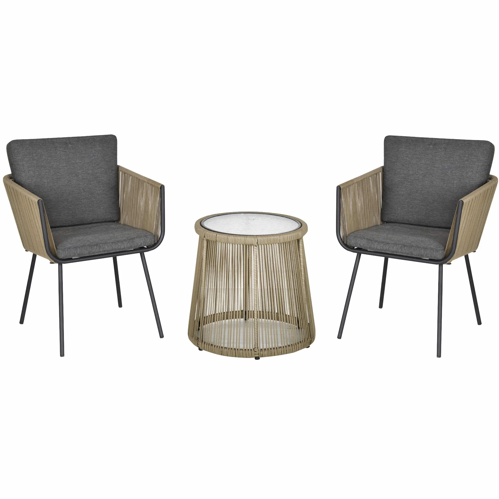 Outsunny Conjunto de Jardín 3 Piezas Silla y Mesa Ratán Cojines Vidrio Balcón Terraza Gris