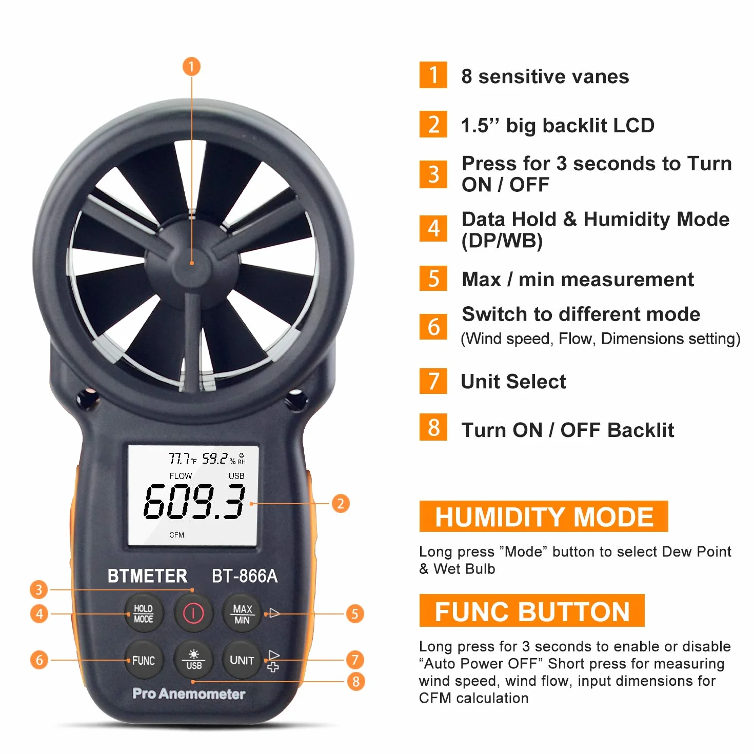 Anemómetro Digital Portátil Medidor CFM USB Velocidad Viento Temperatura Flujo Aire Humedad