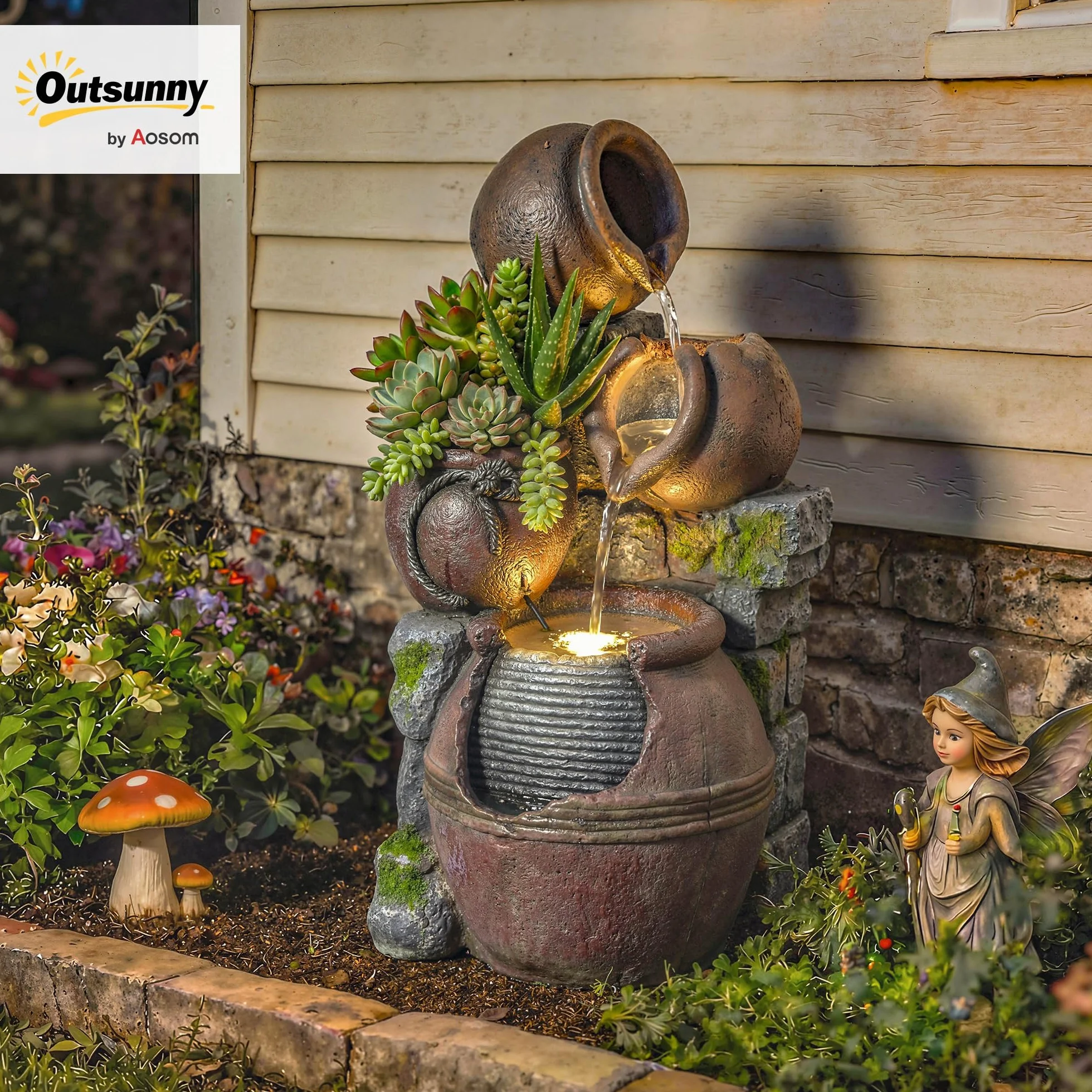 Fuente exterior Outsunny con macetas y jardineras rústicas de 4 niveles, cascada, fuente de jardín con luces LED, caudal ajustable, fuente de jardín para patio, terraza, marrón rústico.