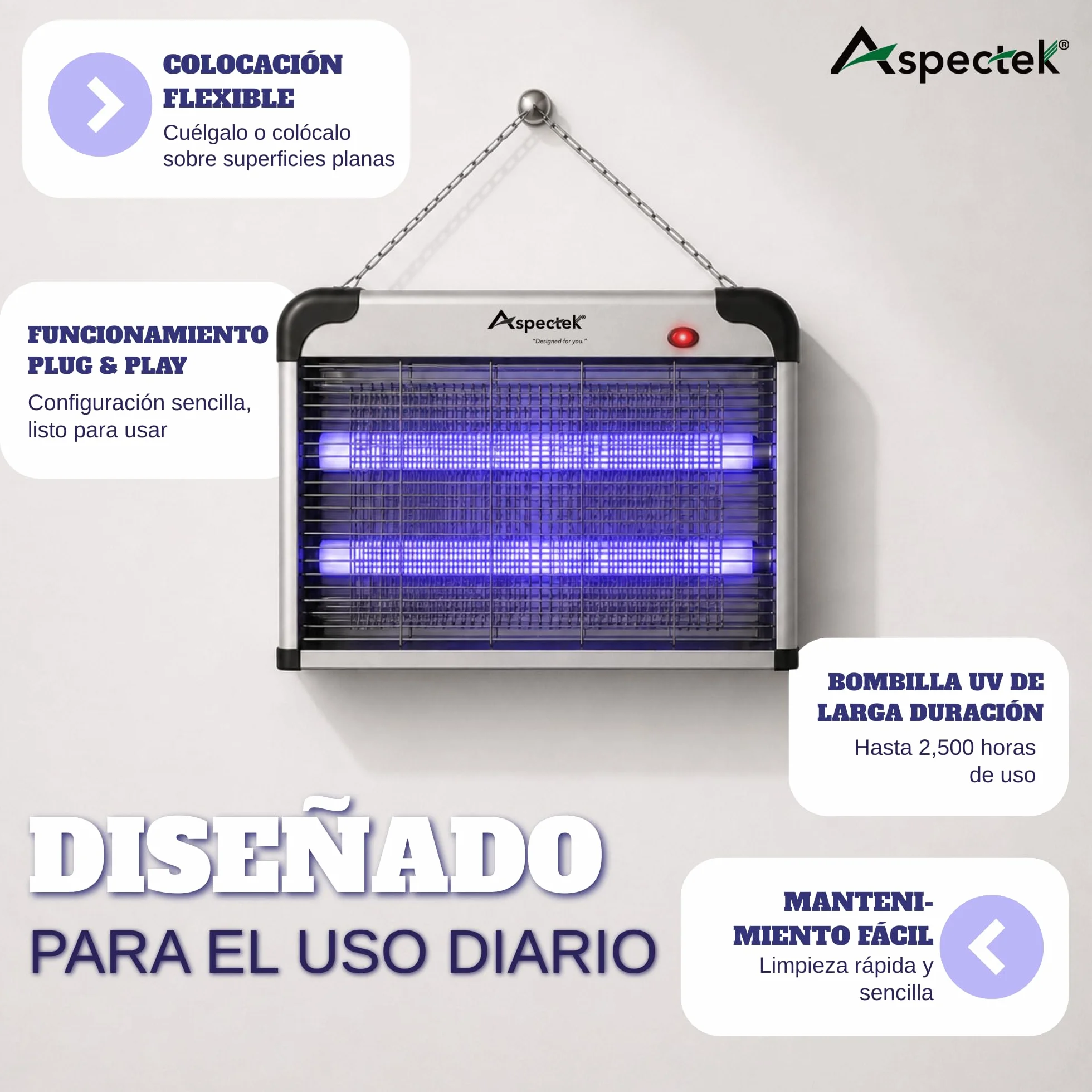 ASPECTEK Lámpara Antimosquitos Eléctrica 20W 2800V Mata Moscas Insectos Interior Trampa Mosquitos Incluye 2 Bombillas UV Repuesto