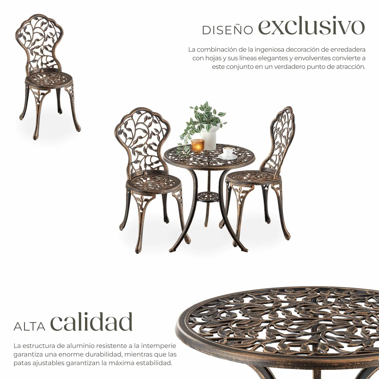 tectake® Juego de Bistró 3 Piezas, Sillas Jardín Exterior y Mesa Retro, Conjunto Terraza