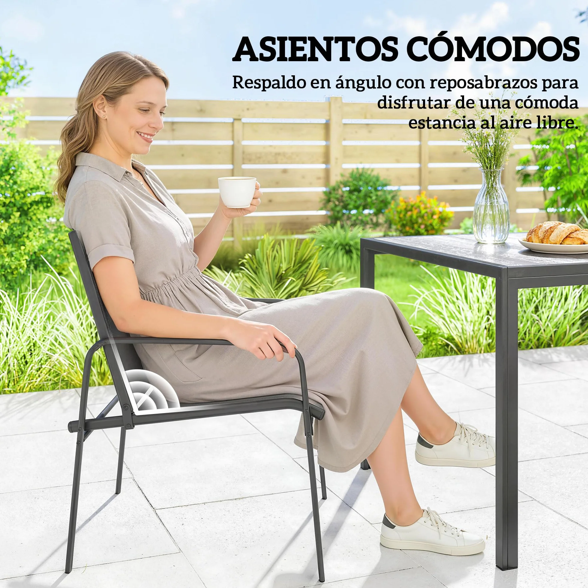 Outsunny Conjunto de Mesa y Sillas Jardín de 7 Piezas, Muebles de Jardín Exterior con Mesa de Efecto Madera y 6 Sillas con Asiento Transpirable, Marco de Acero Galvanizado, para Terraza, Patio, Negro