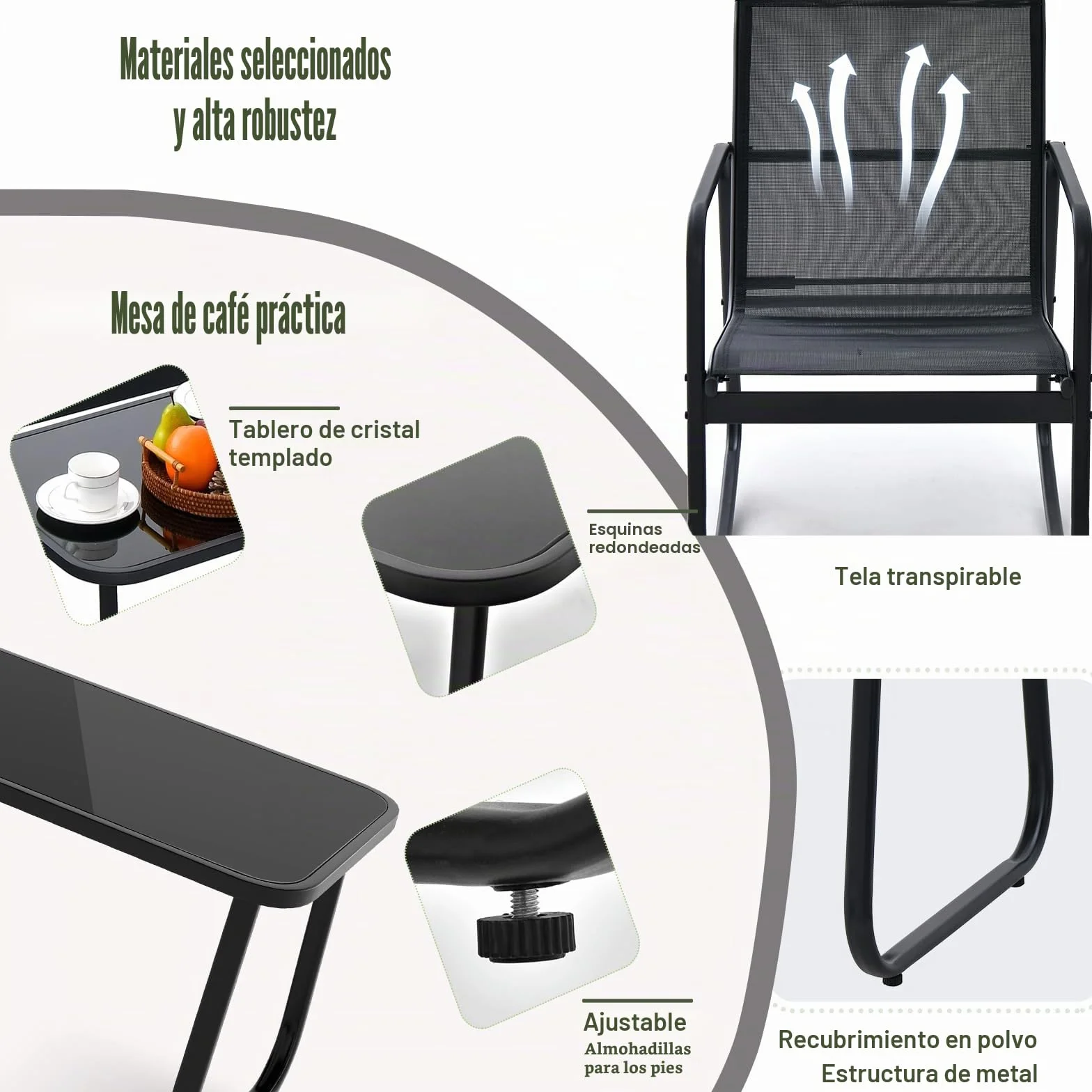 KOMFOTTEU Juego de Muebles de Jardín de 3 Piezas, Sillas Mecedoras de Textileno y Mesa de Cristal