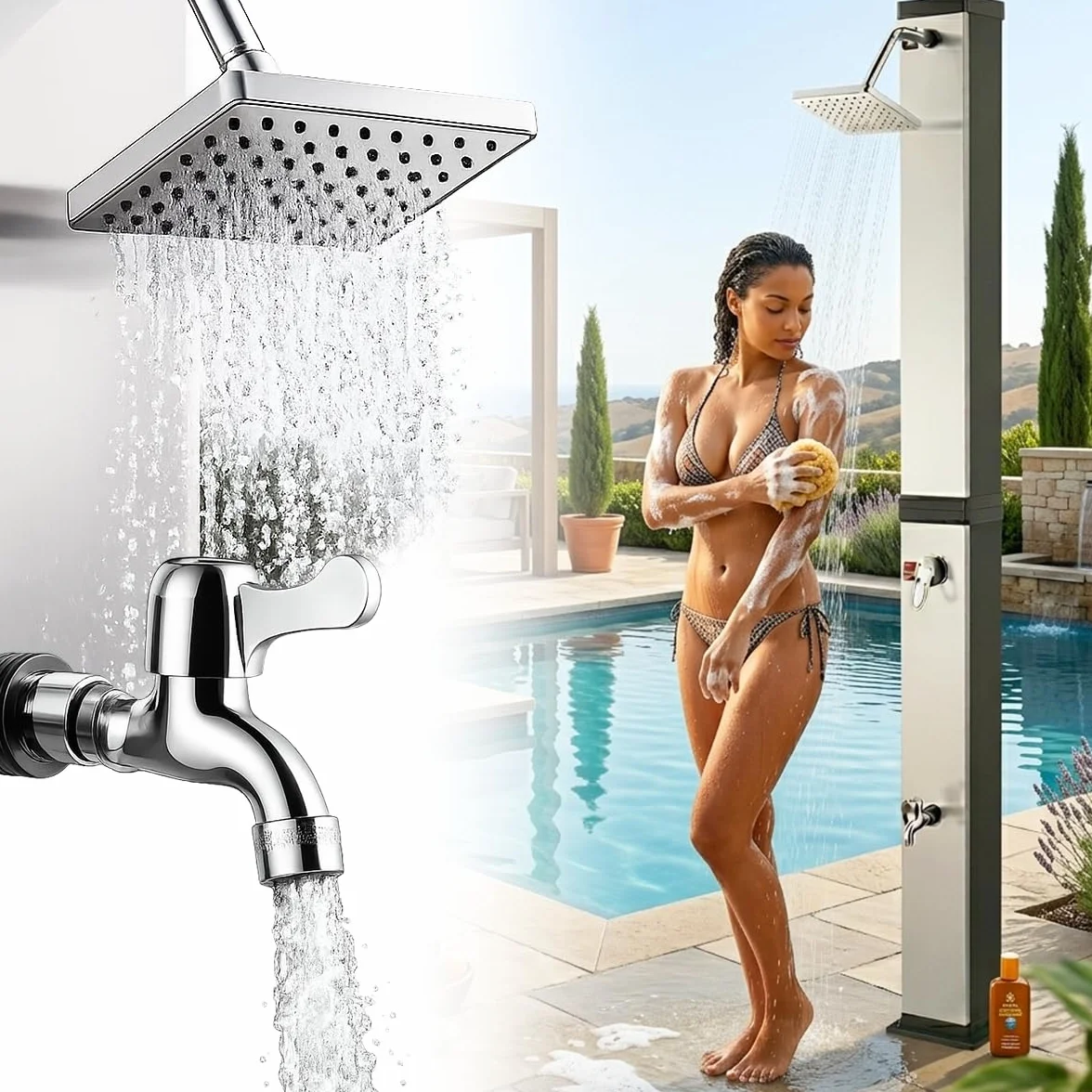 Ducha Solar de Jardín Exterior 40 Litros Hasta 60°C Grifo Conexión Manguera Cabezal Regulable Ocean Negro/Plata