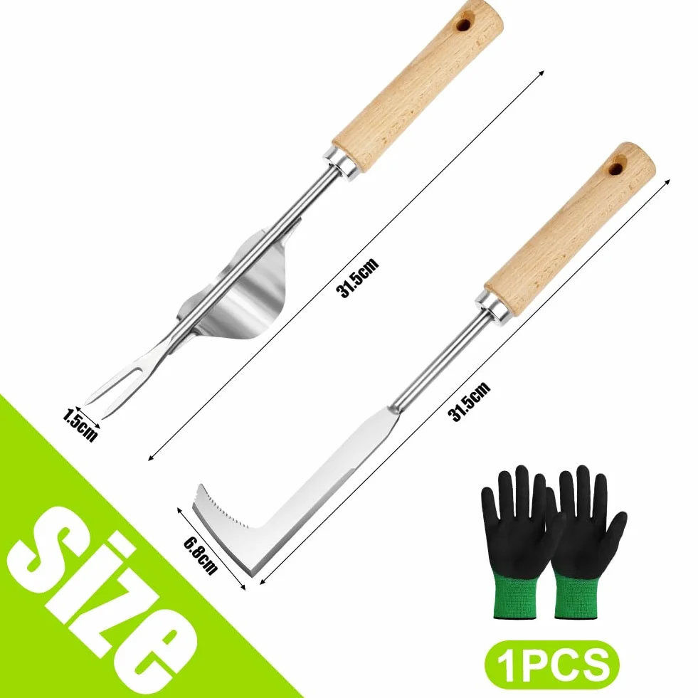 Desherbador Manual 3 Piezas Acero Inoxidable Kit Jardinería Mango Madera