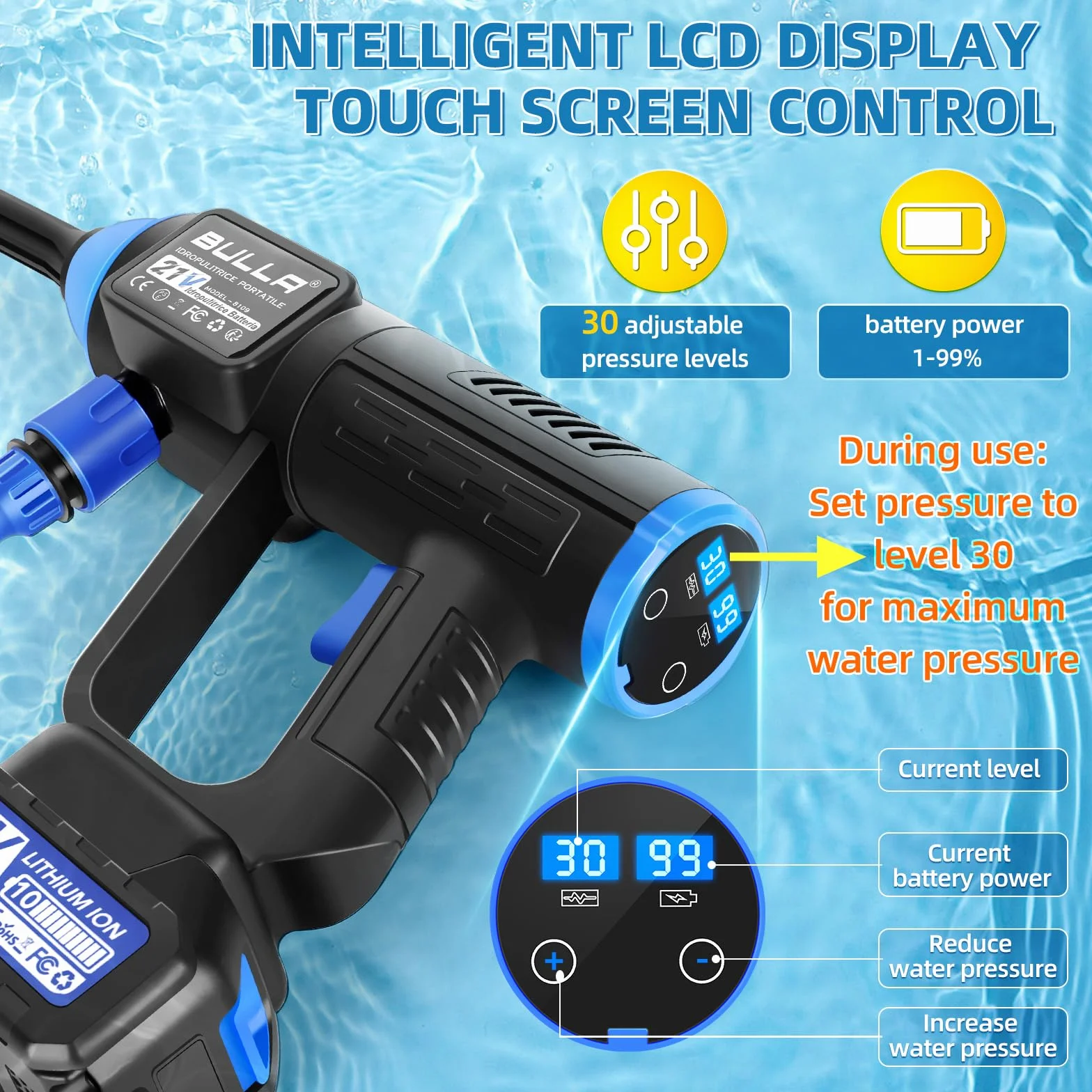 Hidrolimpiadora Batería, Pistola de Agua a Presión 6 en 1, 2 Baterías 4,0 Ah, Limpieza Coches