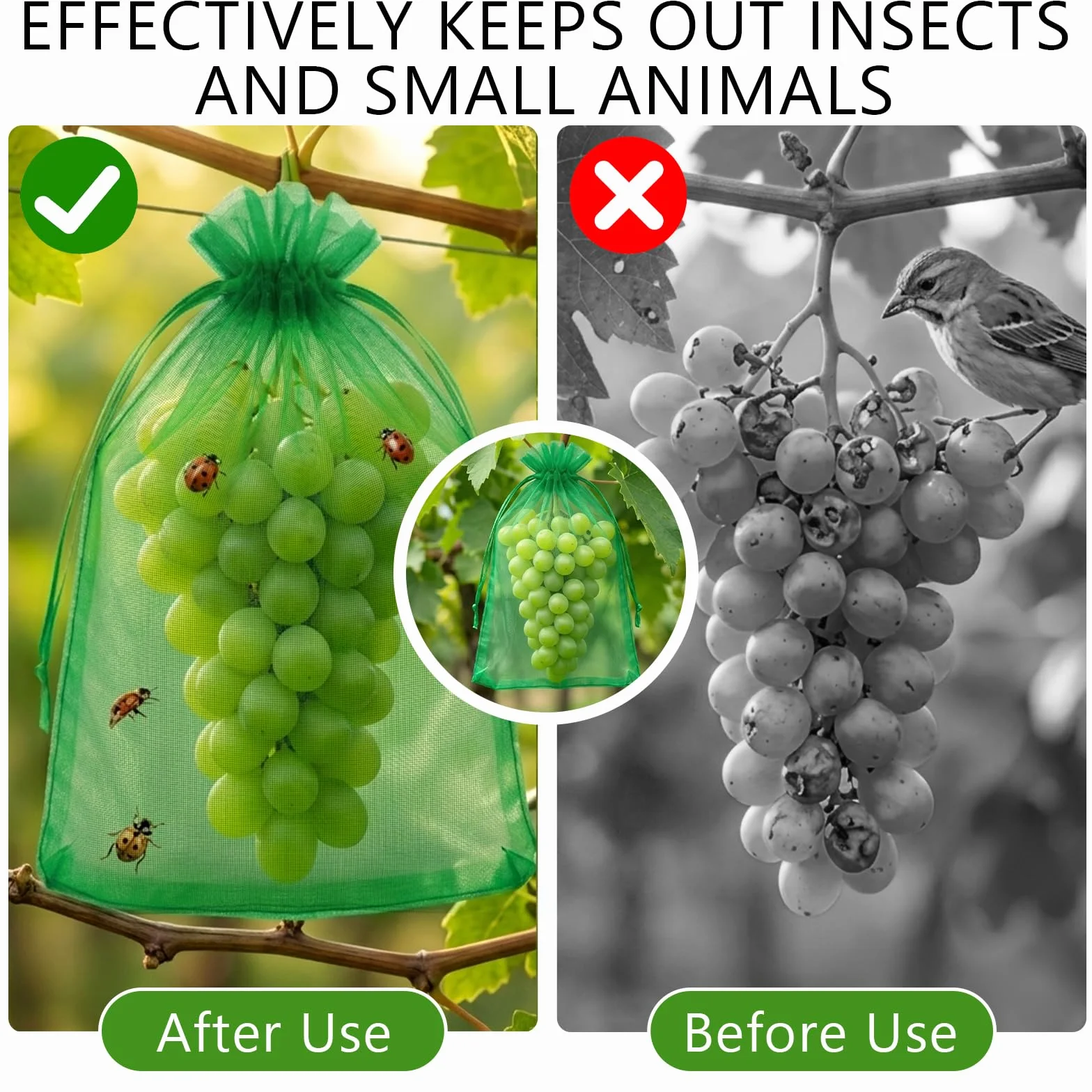 Bolsas Protectoras para Uvas 20x30 cm Malla de Protección con Cordón Verde