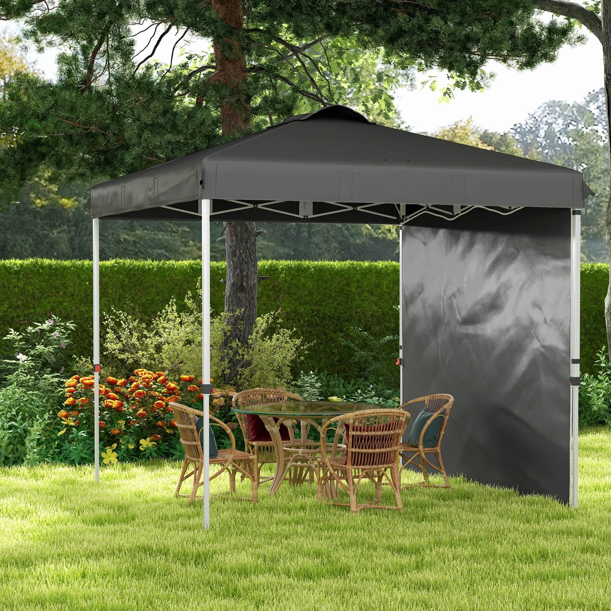 Outsunny Carpa Plegable 2,5x2,5 m Cenador de Jardín con 1 Pared Lateral Altura Ajustable en 3 Niveles Anti-UV Impermeable y Bolsa de Arena Gazebo para Exterior Camping Fiestas Gris Oscuro