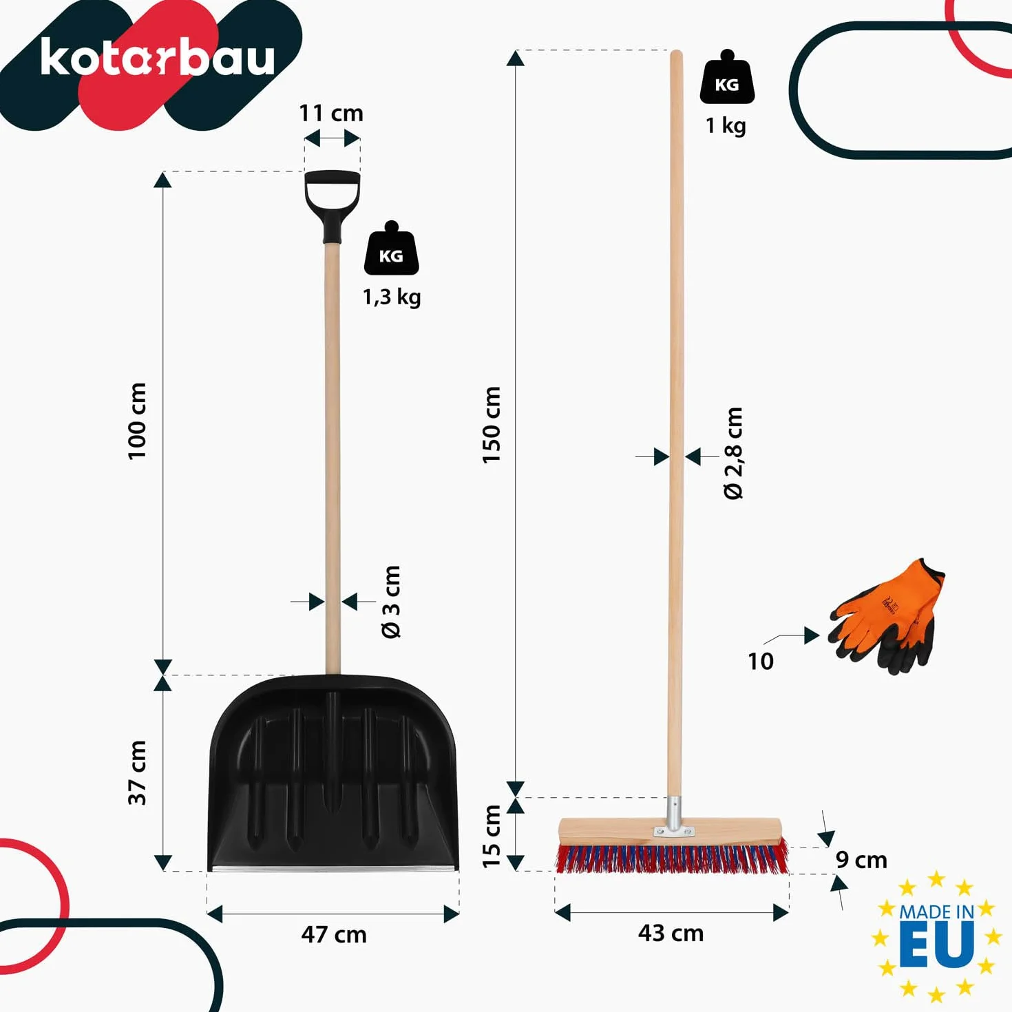 KOTARBAU® Pala de nieve con mango de madera 137 cm, escoba de carretera 43 cm + guantes quitanieves