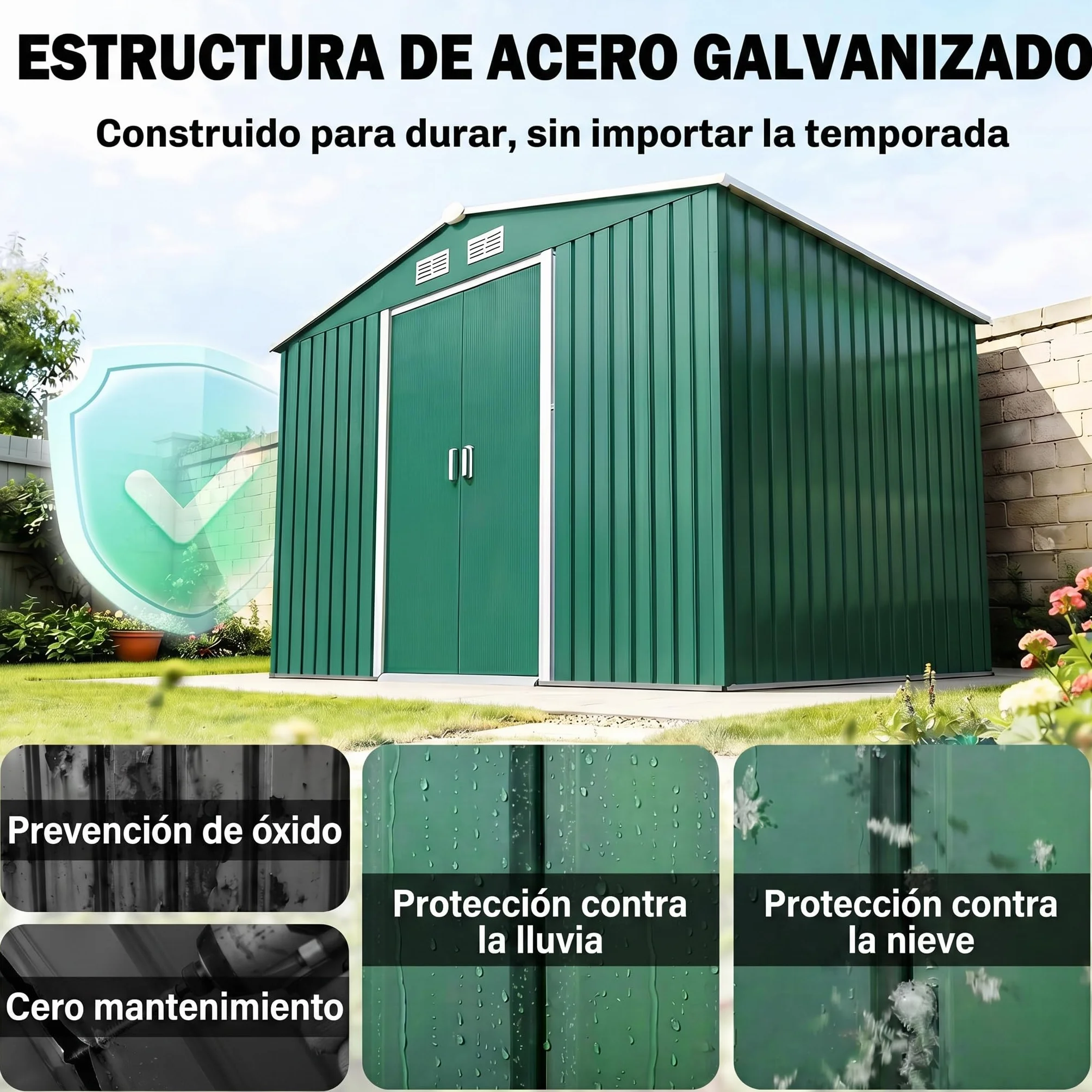 Outsunny Caseta de Jardín Exterior 4,9 m², 277x195x192 cm, Cobertizo Metálico con Puerta Corredera, Verde Oscuro