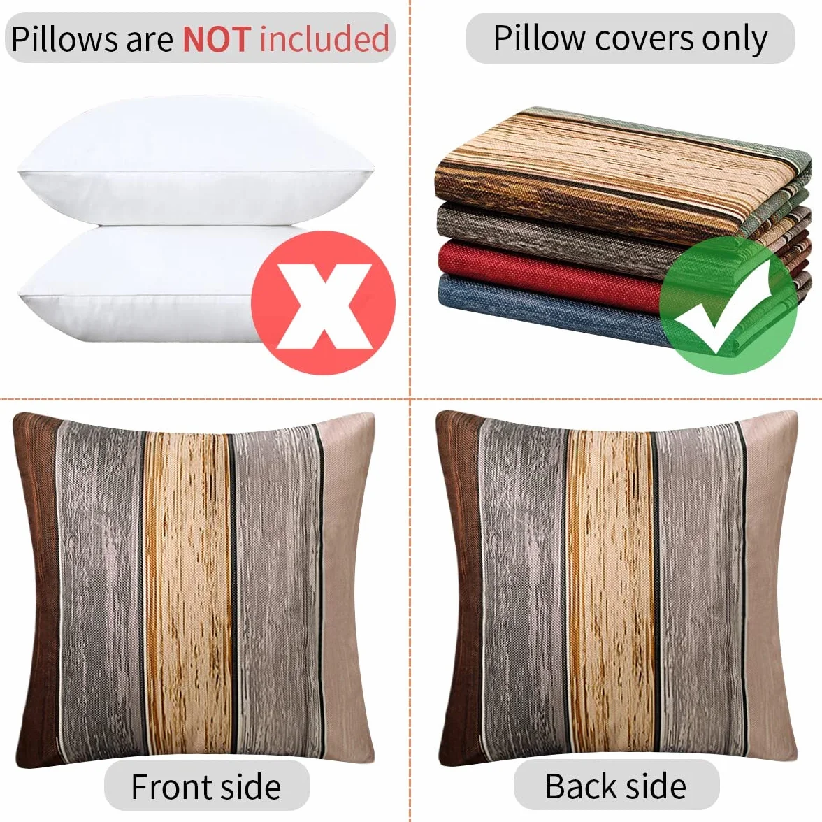 Fundas de Almohada 45x45 Exterior Impermeable Poliéster Marrón Gris Textura Madera Juego de 2