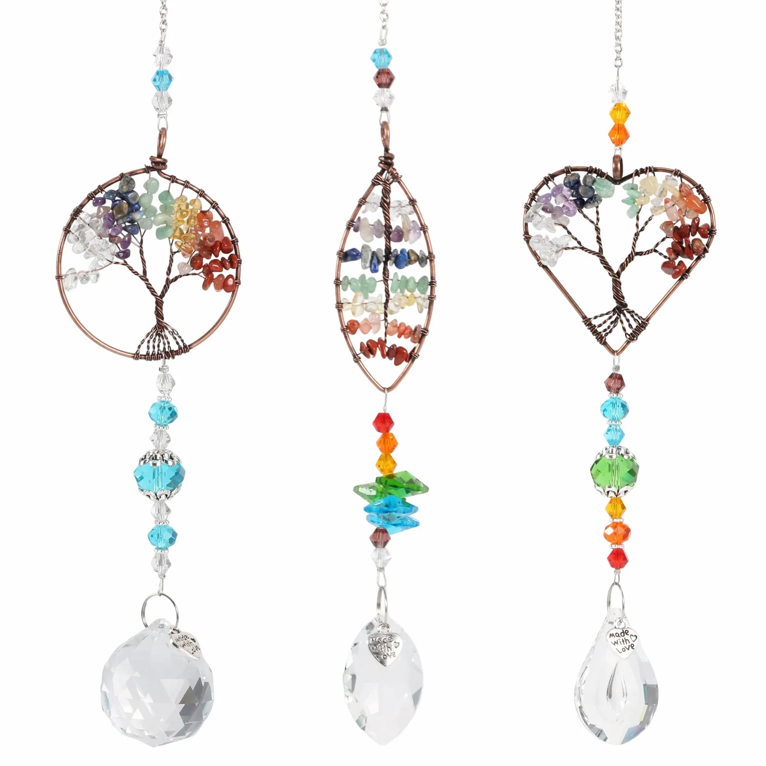 Juego de 3 atrapasueños de cristal, decoración de ventana colgante con piedra natural y cristal, carillón de viento para jardín