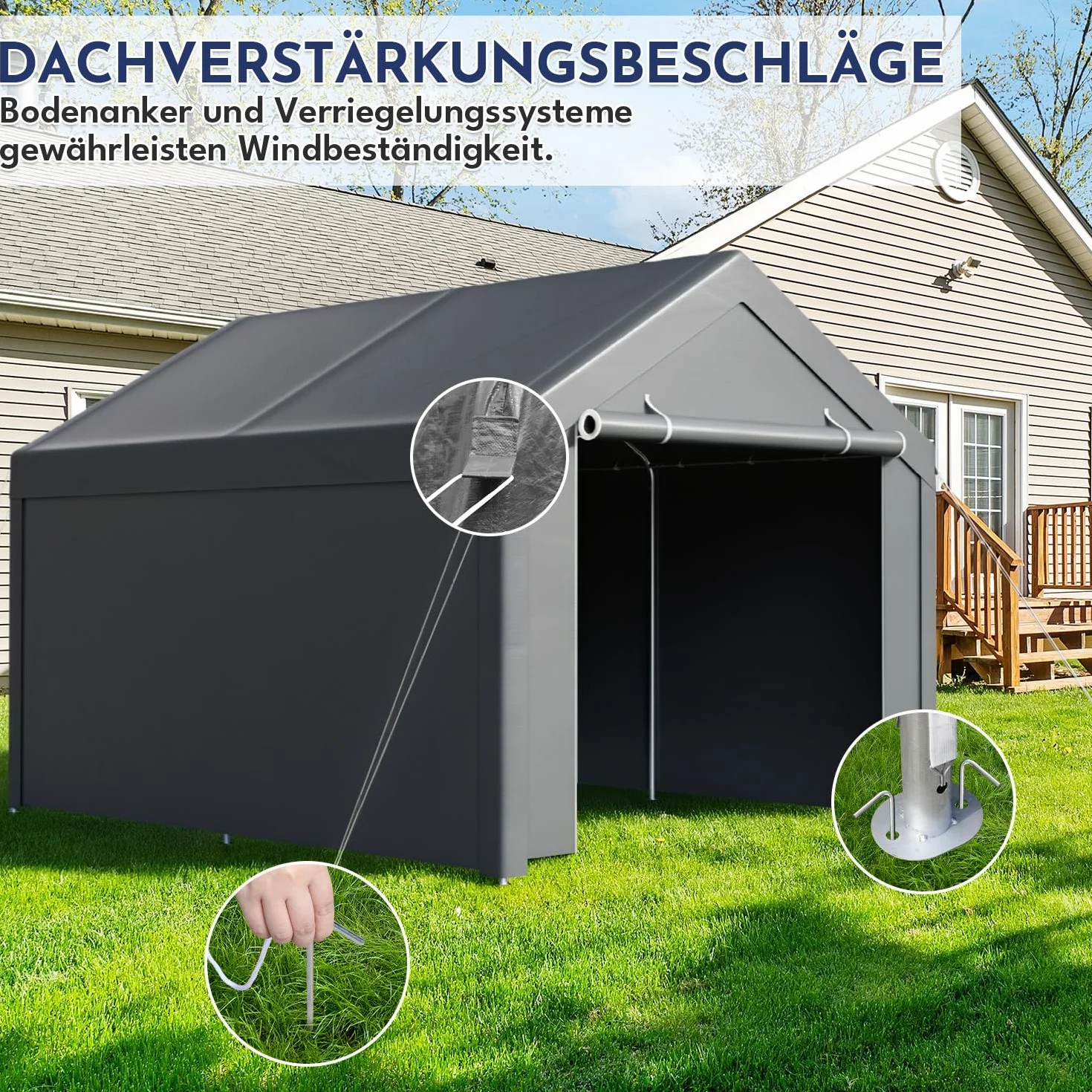 Carport 3x4 m impermeable con lona PE, 2 paredes laterales, protección UV para coche SUV barco