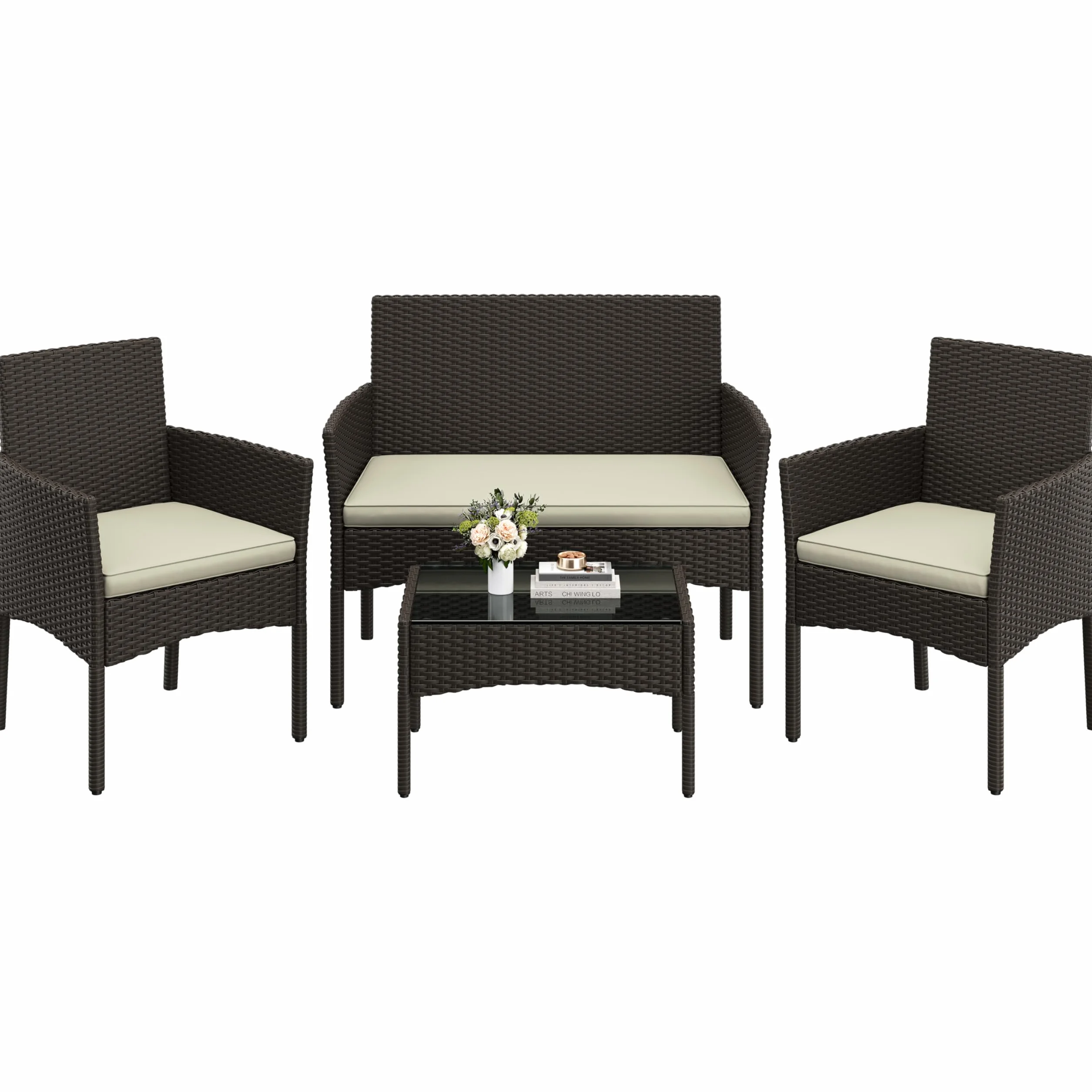 Yaheetech Conjunto de Muebles Ratán de Jardín 4 Piezas con Cojines y Mesa de Vidrio Marrón Beige