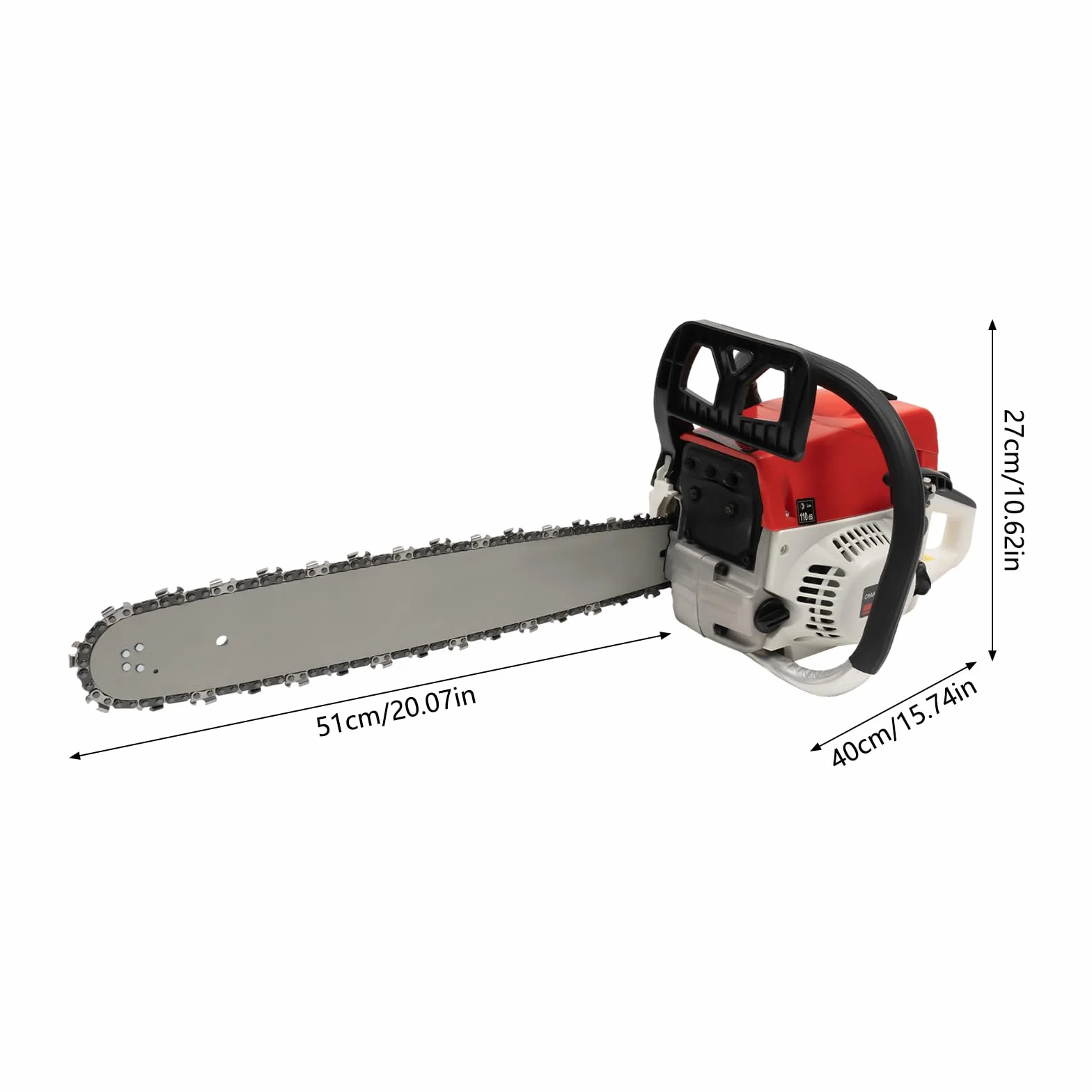 Motosierra de gasolina de 2 tiempos 52 CC, 2 kw, 51 cm de espada y cadena, 52 cm³ de cilindrada, 51 cm de diámetro de grosor de corte, 7500 rpm, motosierra manual para leña, poda de árbol y cuidado