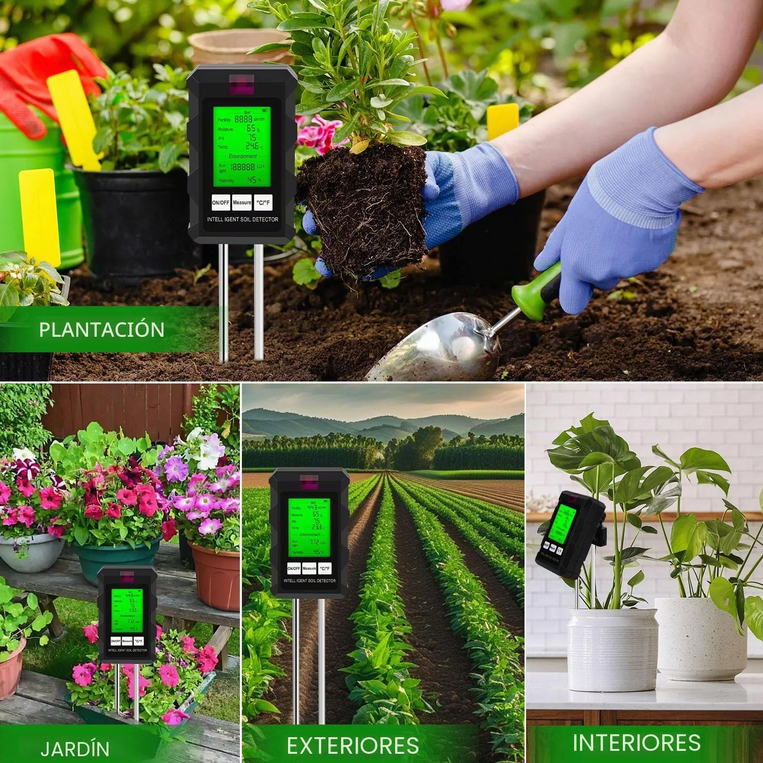 LWMTT Medidor de pH de Suelo 6 en 1, Pantalla LCD, Humedad, Temperatura, Luz Solar para Jardín