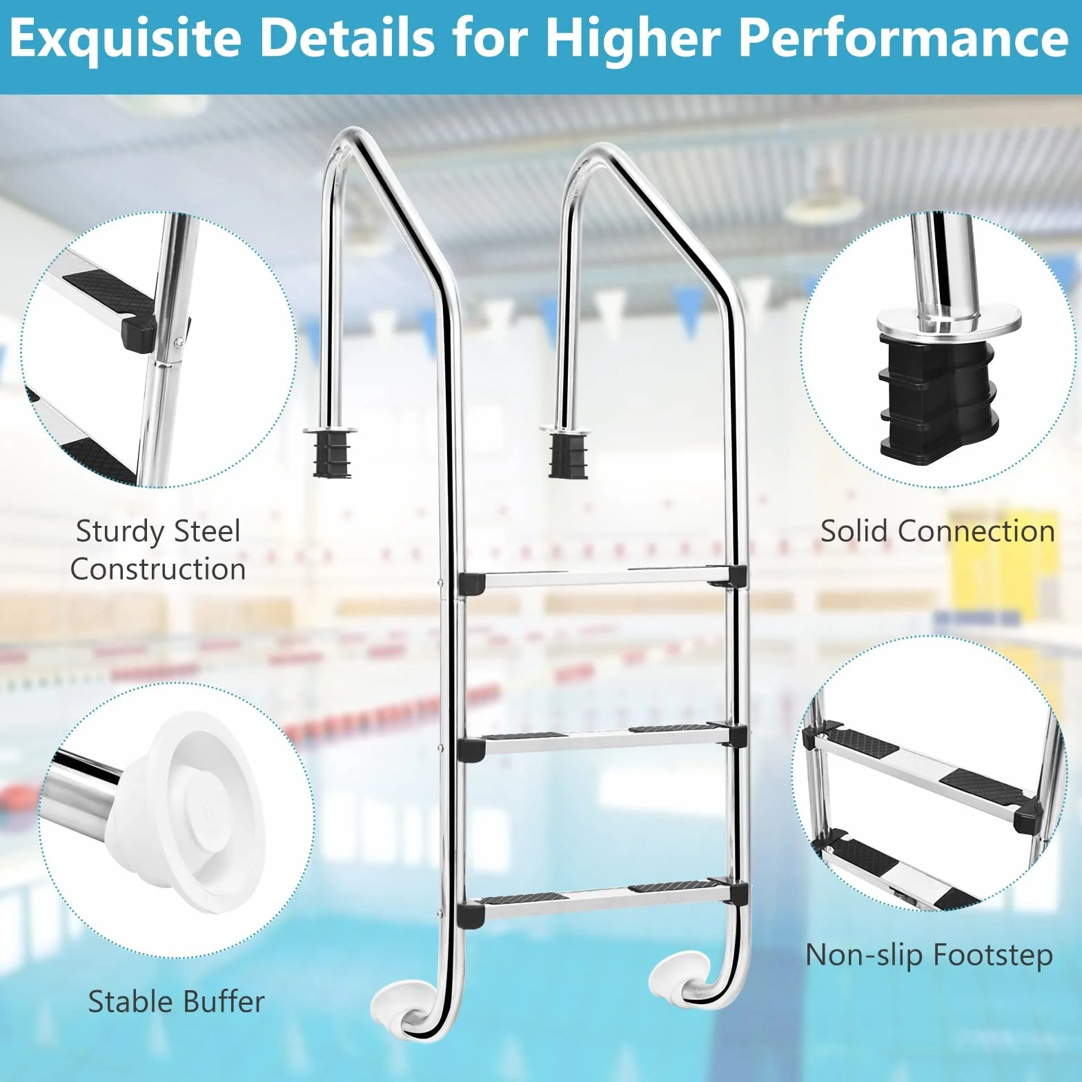 LIFEZEAL Escalera de Piscina 3 Peldaños Acero Inoxidable 304 Forma U Antideslizante Pasamanos Curvo