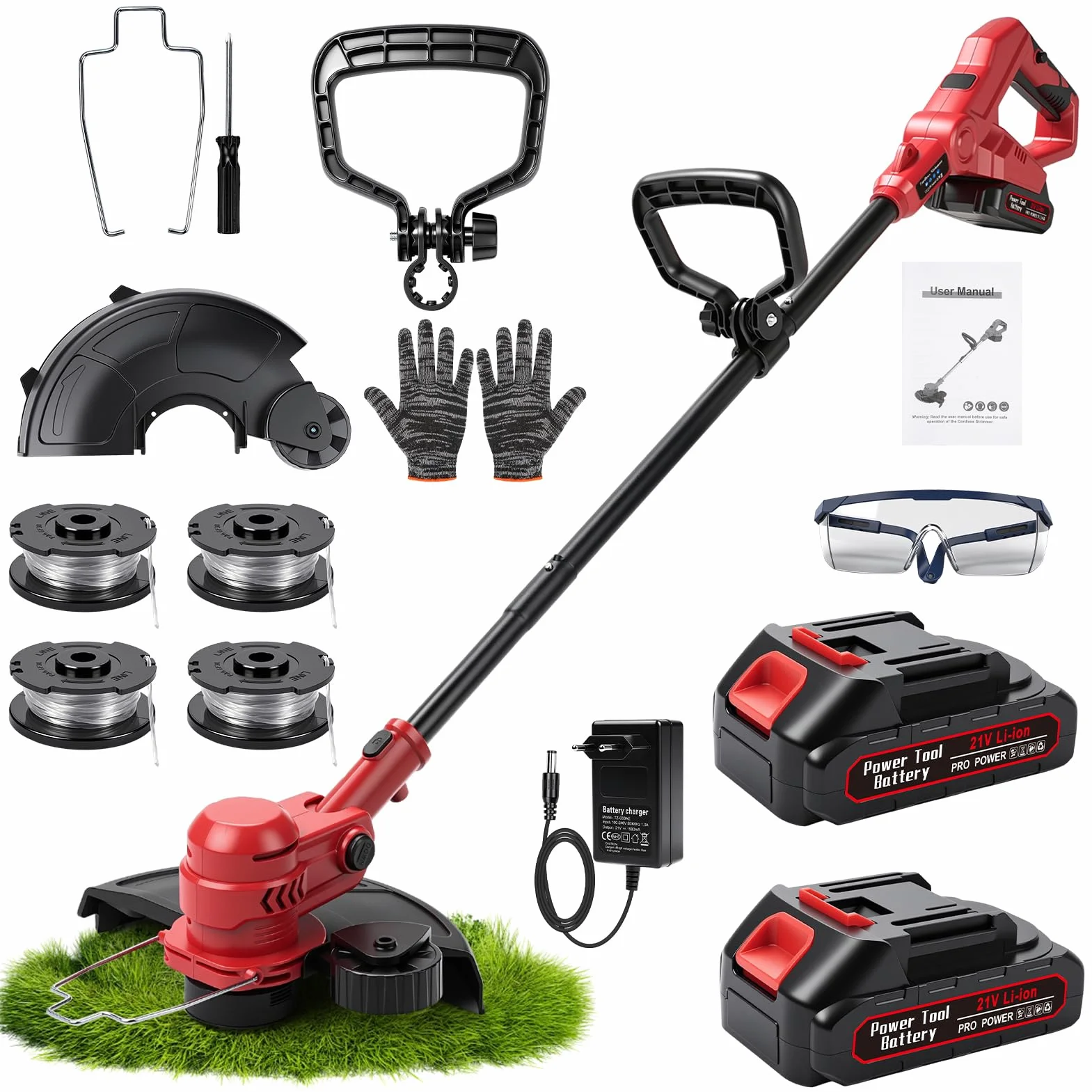 Desbrozadora de 21 V con 2 baterías de 1500 mAh, 16000 RPM, pértiga telescópica, desbrozadora y perfiladora 2 en 1, Incluye Cuerda de Corte de 4 x 4 m, para Recortar césped, Bordes y Malas Hierbas
