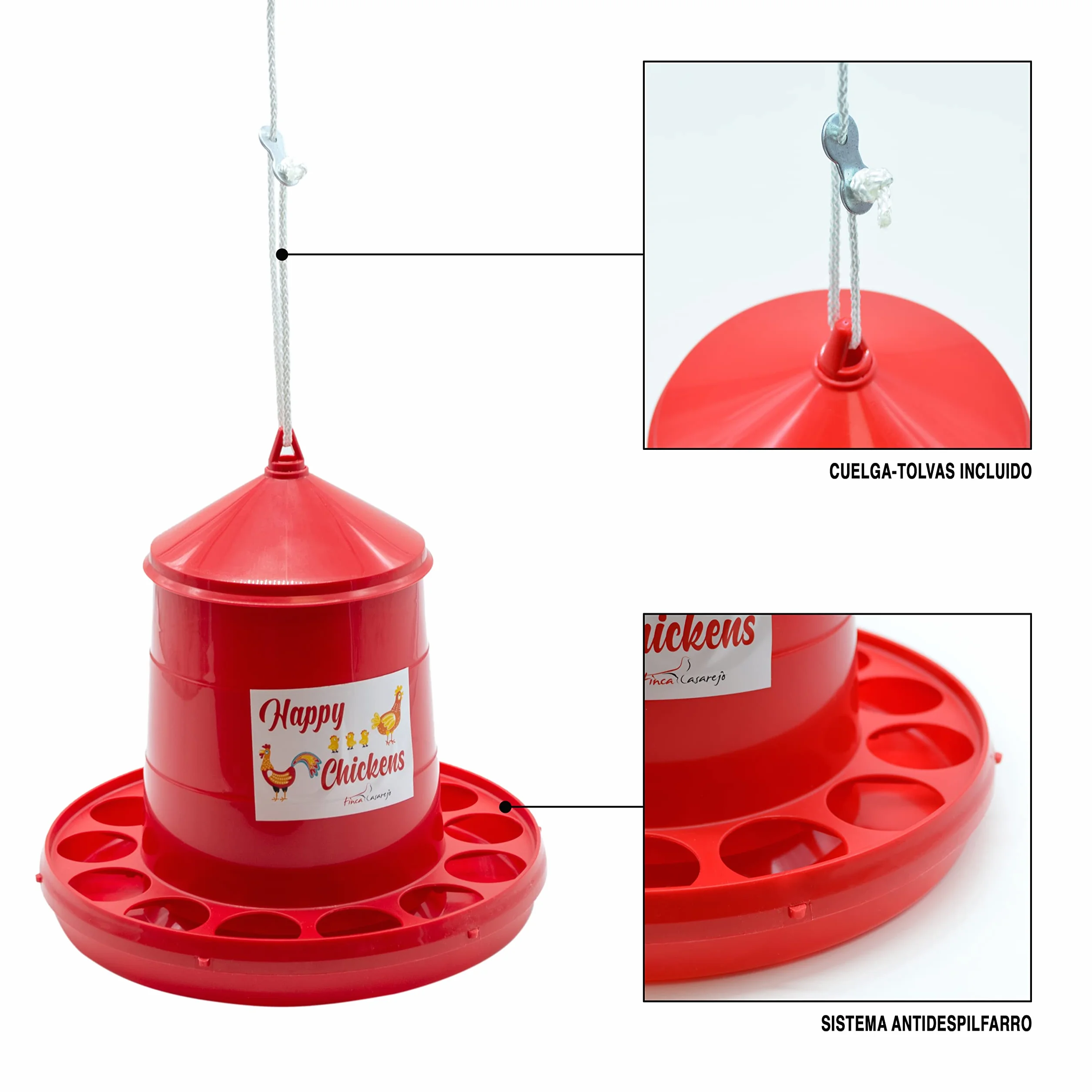 Comedero y Bebedero para Gallinas 2kg 3L Plástico Resistente con Cuerda Cuelga-Tolvas