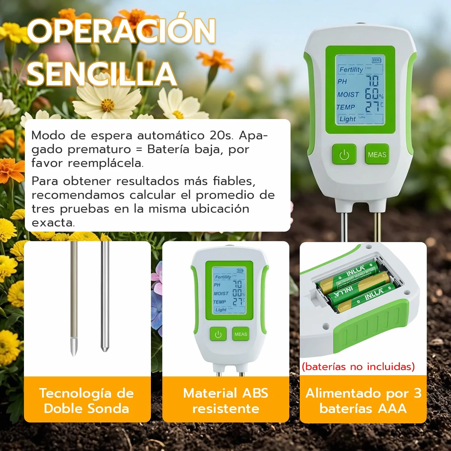 Medidor de Suelo 5 en 1, Higrómetro Digital para Plantas con Pantalla LCD, Humedad, pH, Temperatura, Luz, Fertilidad