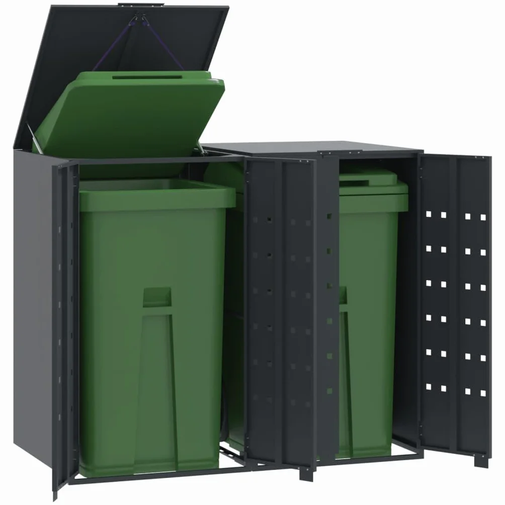 IKAYAA Cobertizo para Cubos de Basura Exterior 240L Gris Antracita 138x79x117 cm Metal para 2 Cubos con Tapa Resorte de Gas
