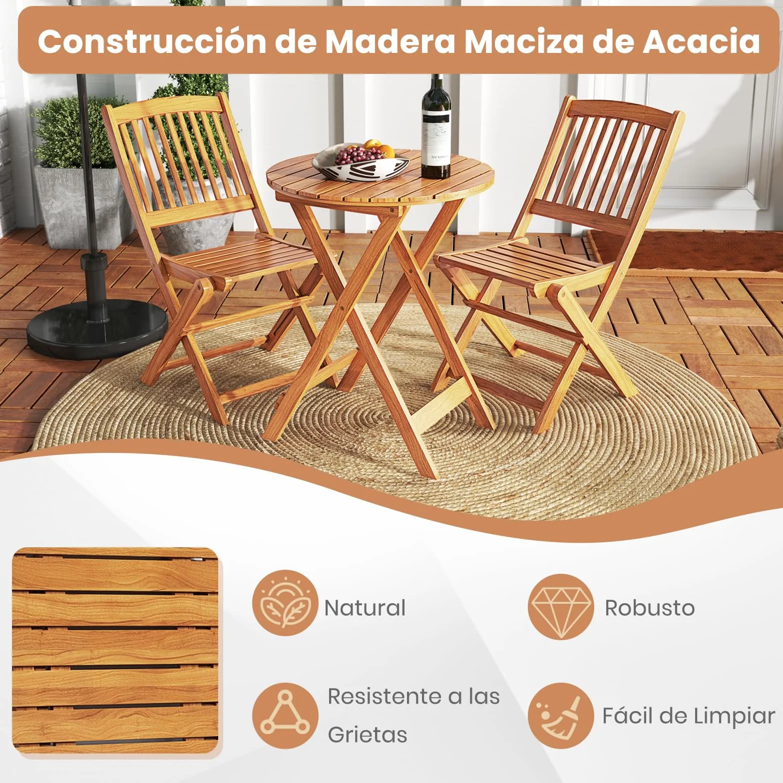 GIANTEX Set de Bistró Plegable 3 Piezas, Mesa y Sillas Terraza Madera Acacia con Cojines Removibles, Muebles Exterior Beige