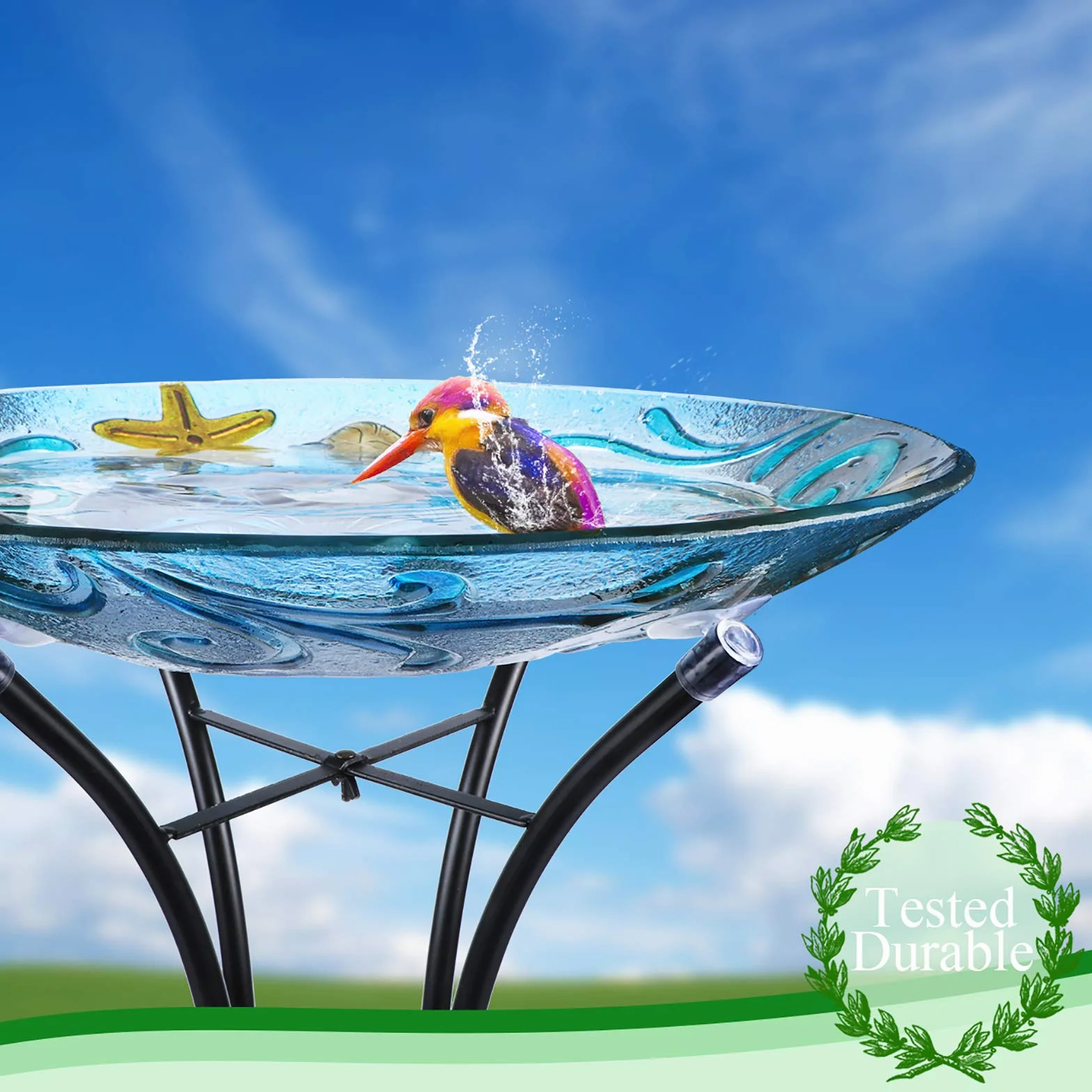 MUMTOP Glass Bird Bath, Bird Baths for Outdoors, Solar Birdfeeder with Metal Stand for Garden, Yard, Lawn Decor Sea Turtle Pattern(Blue, 21.5"X18")