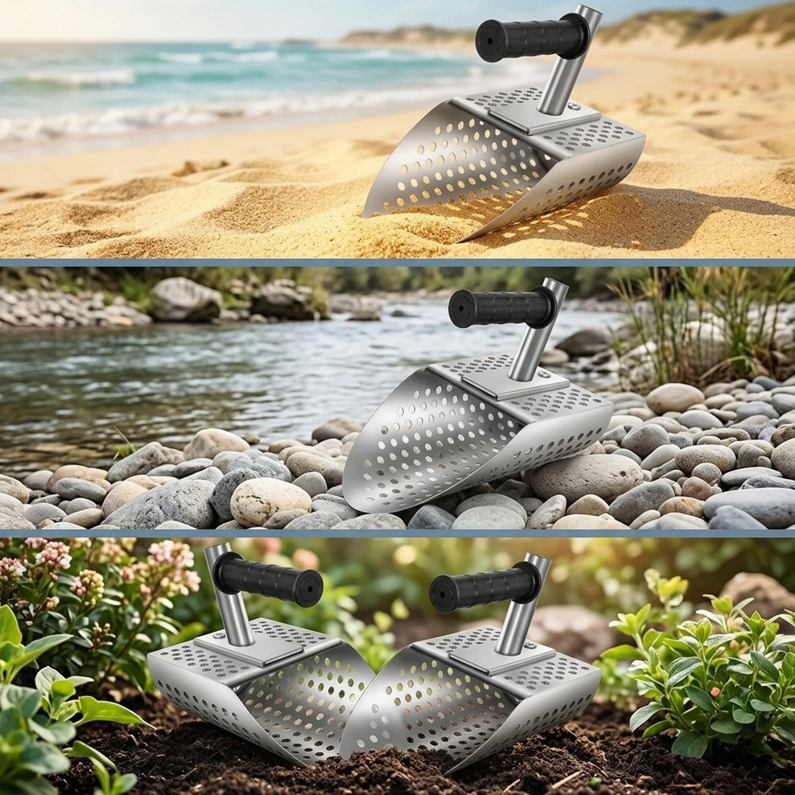 Milageto Pala para Playa, Herramienta para excavar, para Hombres y Mujeres, Acero Inoxidable, Ligera, para jardinería, para tamizar Arenas y