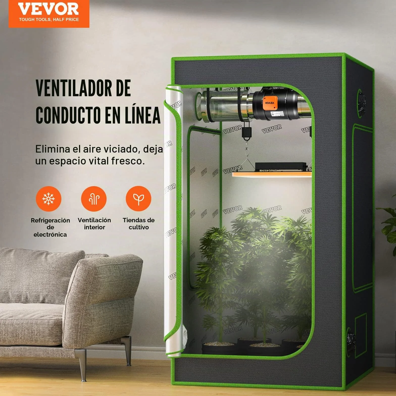 VEVOR Ventilador Silencioso de Conducto en Línea, 303 x 235 x 280 mm 506,2 CFM con Controlador de Velocidad Variable, con Motor de CA para Refuerzo de Refrigeración, Tiendas de Cultivo, Hidroponía