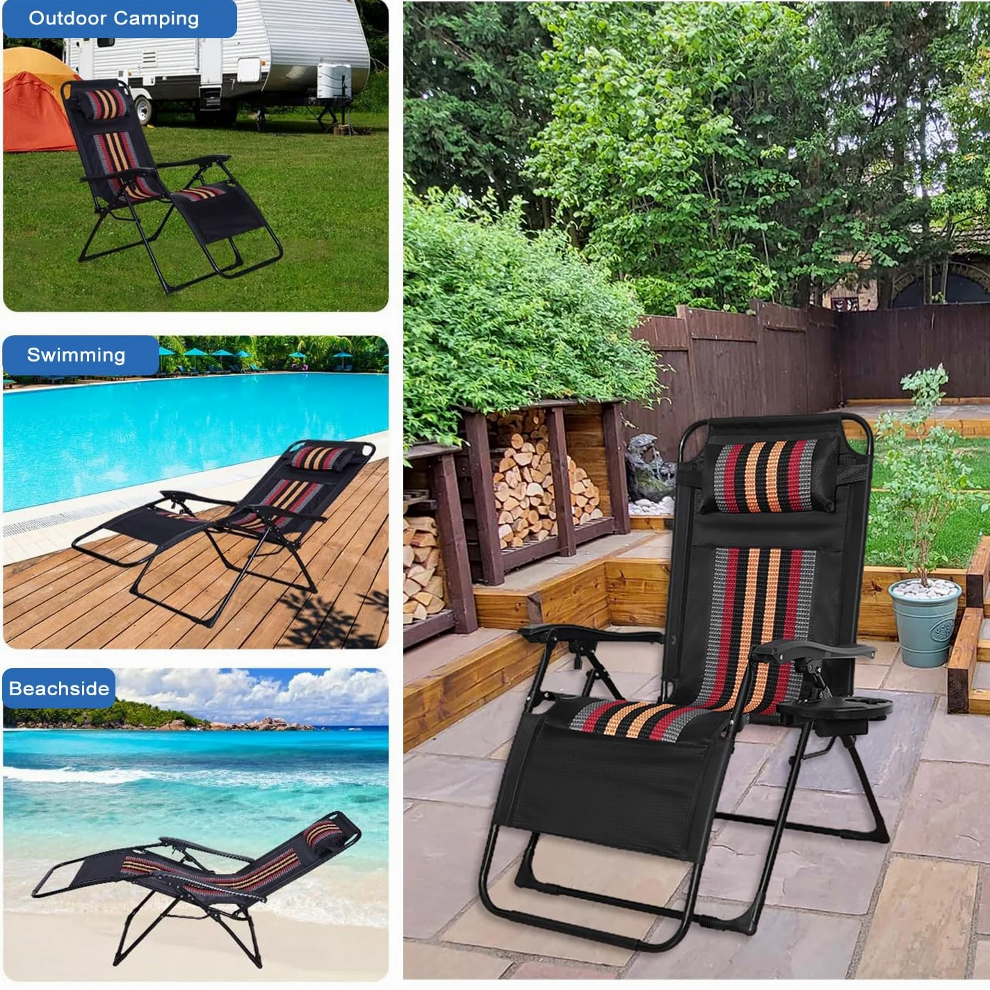 Juego de 2 sillas de gravedad cero con portavasos y soporte para teléfono, sillas de jardín reclinables ajustables para patio, camping, playa y piscina, tumbonas plegables para máxima comodidad (A)