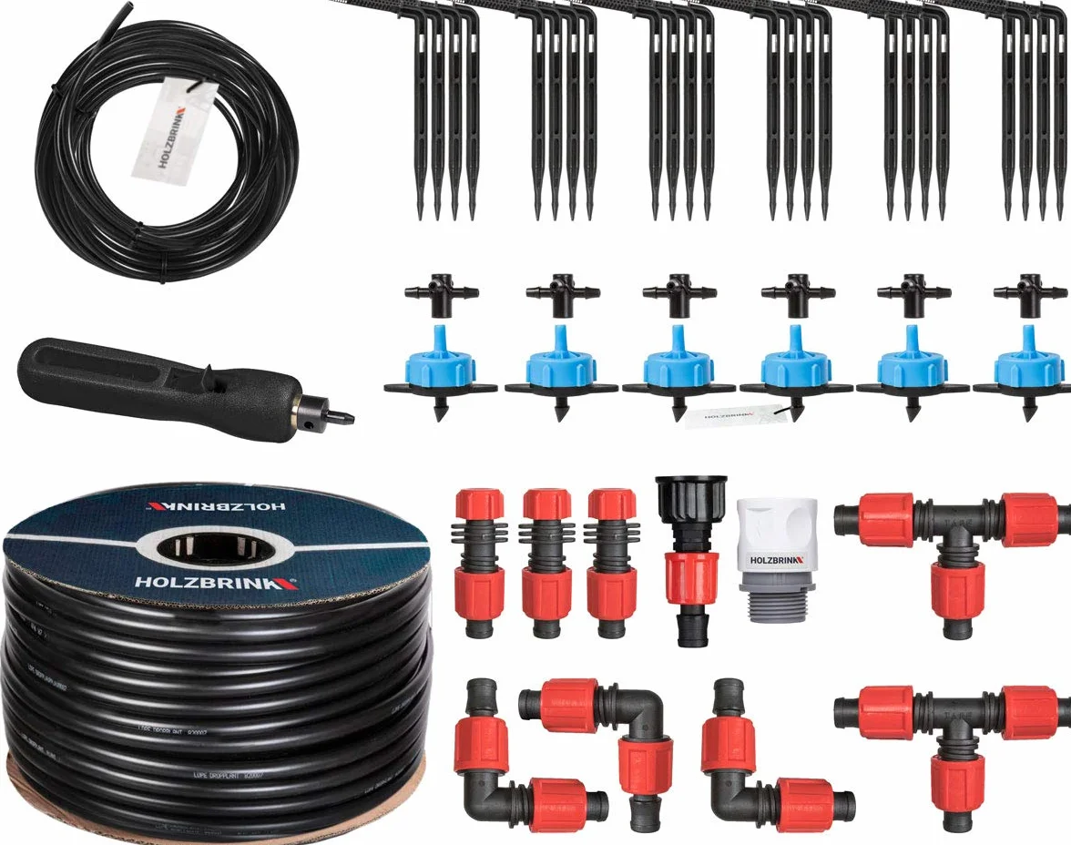 HOLZBRINK Set de inicio de riego en invernadero, riego por goteo, sistema de riego: 50 m de tubo LDPE 16 mm, 6x gotero 8l/h, HTB-10-B-50
