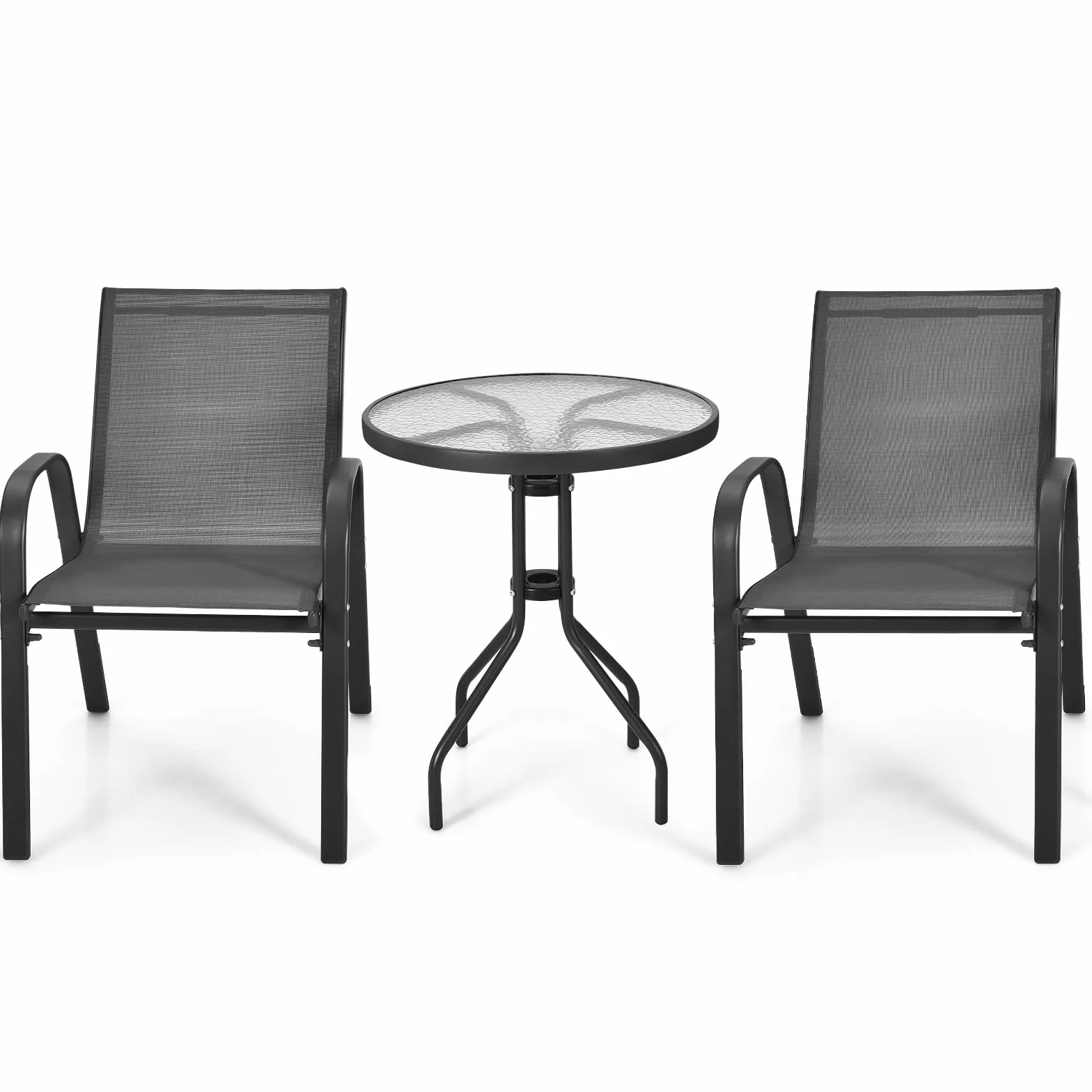 KOMFOTTEU Juego de Bistró de Tejido Textileno 3 Piezas, 2 Sillas y 1 Mesa de Cristal para Jardín