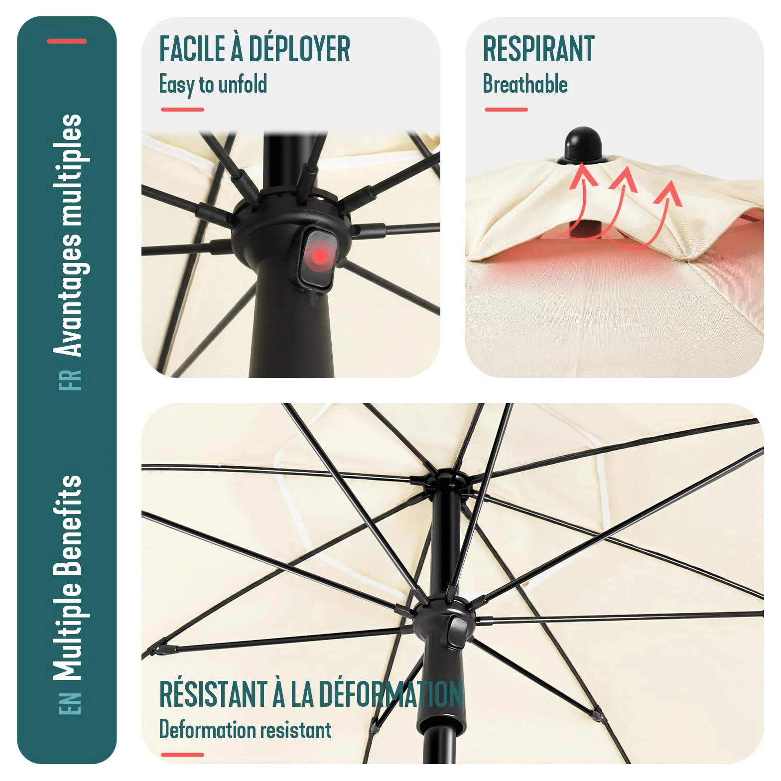 VOUNOT Parasol Playa Grande Ø200cm Protección UV 50+ Soporte Arena Mástil Inclinable Altura Regulable con Bolsa Transporte