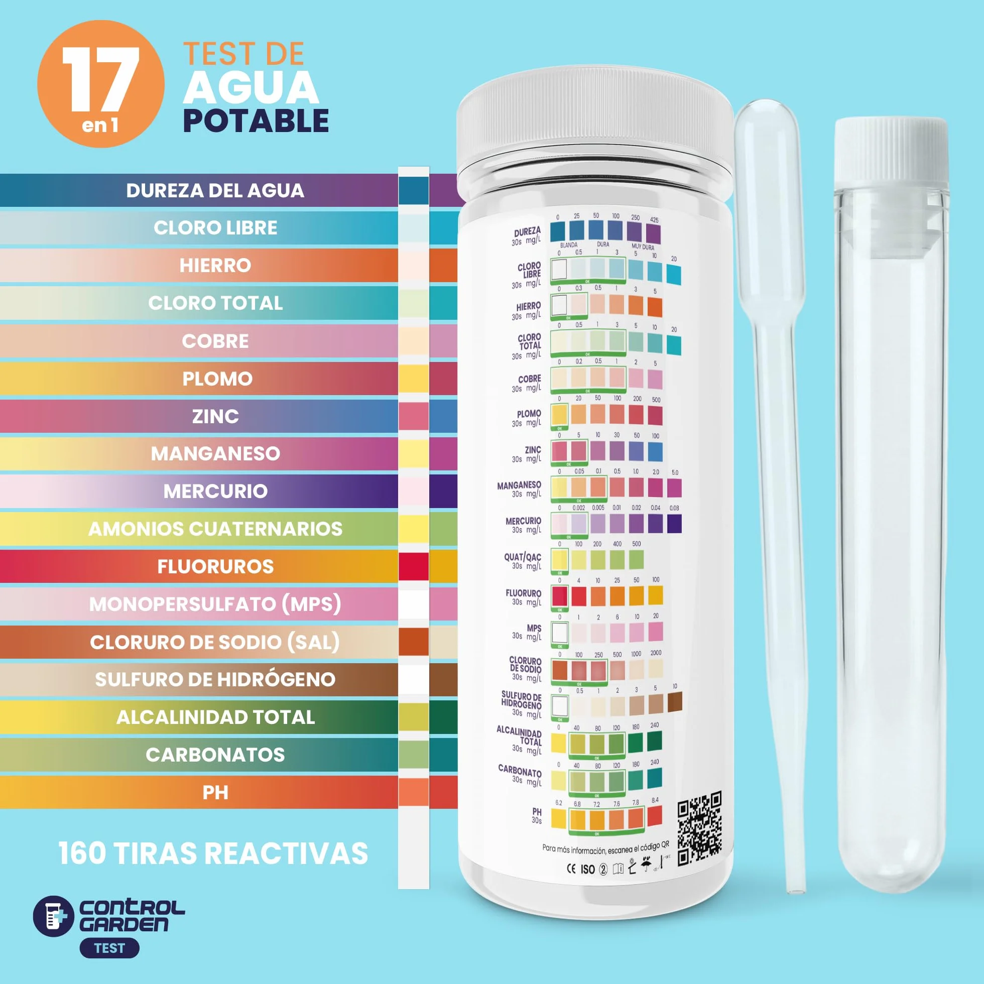 Test Agua Potable 17 en 1 160 Tiras Reactivas pH Dureza Cloro Metales Pesados Kit Profesional