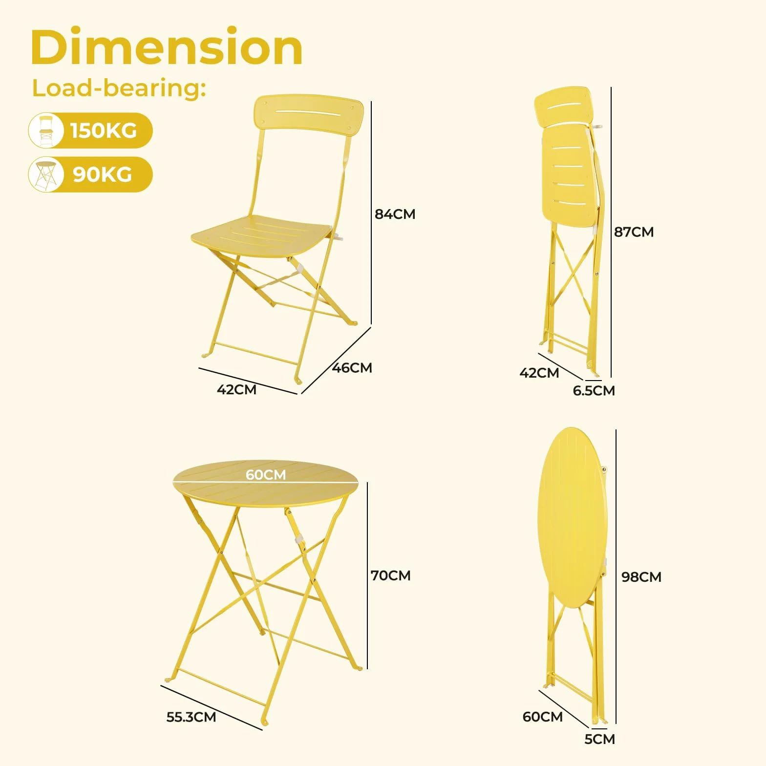 Juego de mesa de bistró con 2 sillas, muebles de terraza resistente a la intemperie, 3 piezas (amarillo)