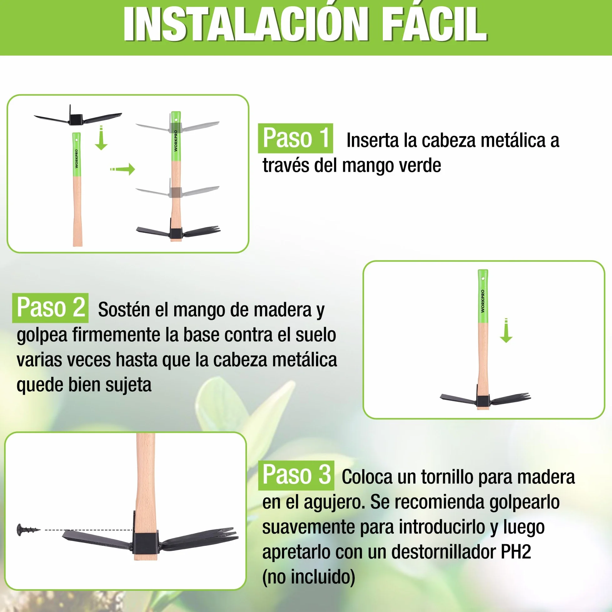 WORKPRO Azada Doble Jardín 2 en 1 Acero Cultivador 3 Dientes Mango Madera 36 cm Jardinería